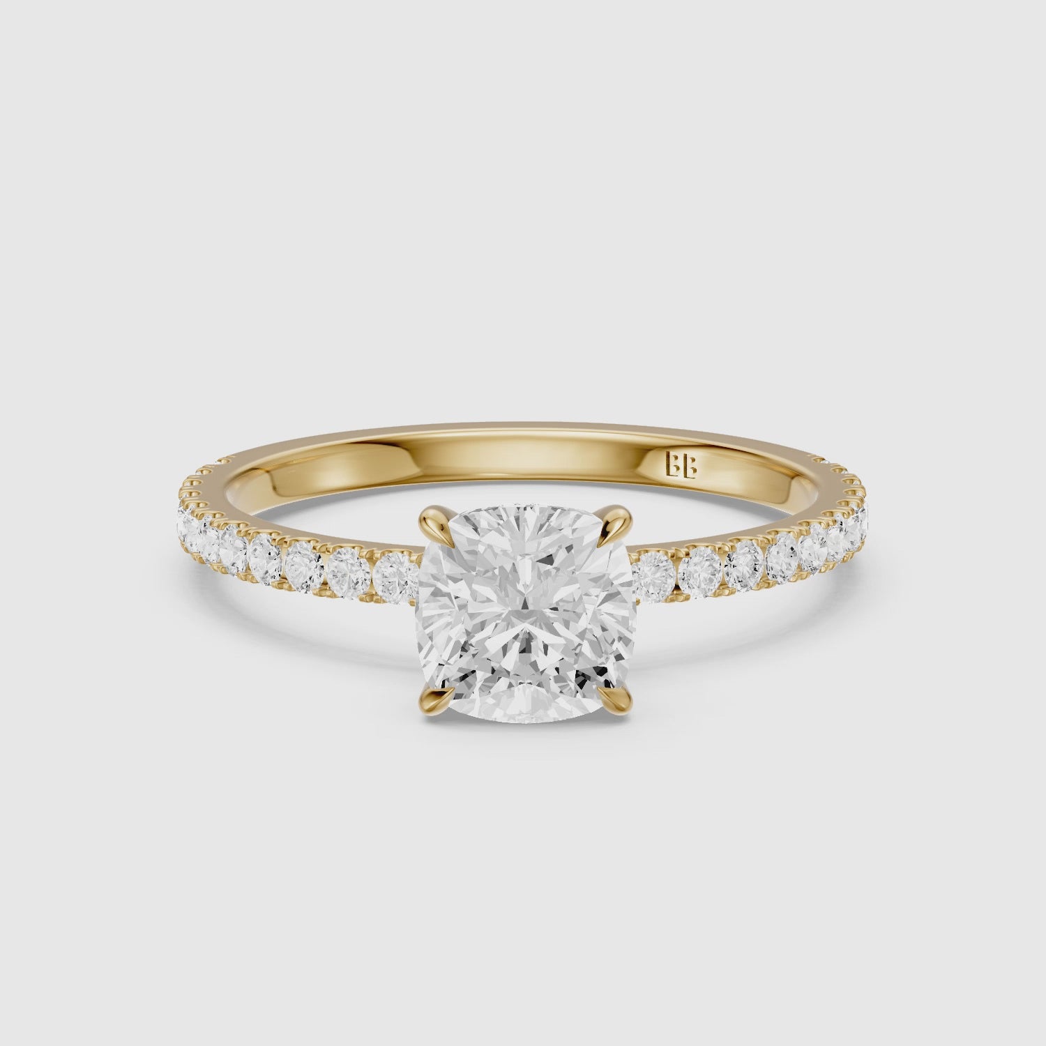 Load video: Larysa 4 Prong Cushion Cut Pave Hidden Halo Lab Grown Diamond Ring