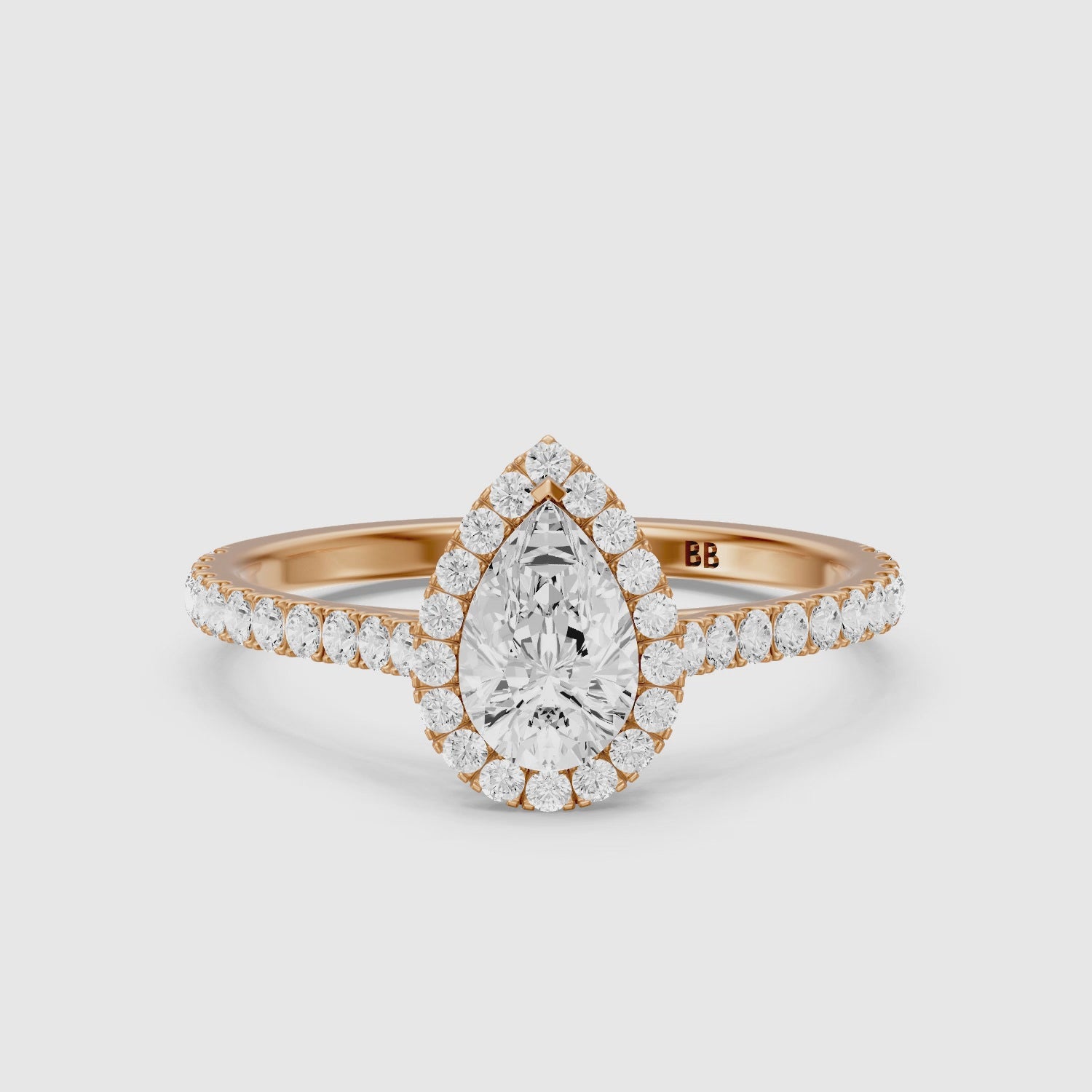 Load video: Joelle Pear Cut Halo Pave Side Stone Lab Grown Engagement Ring