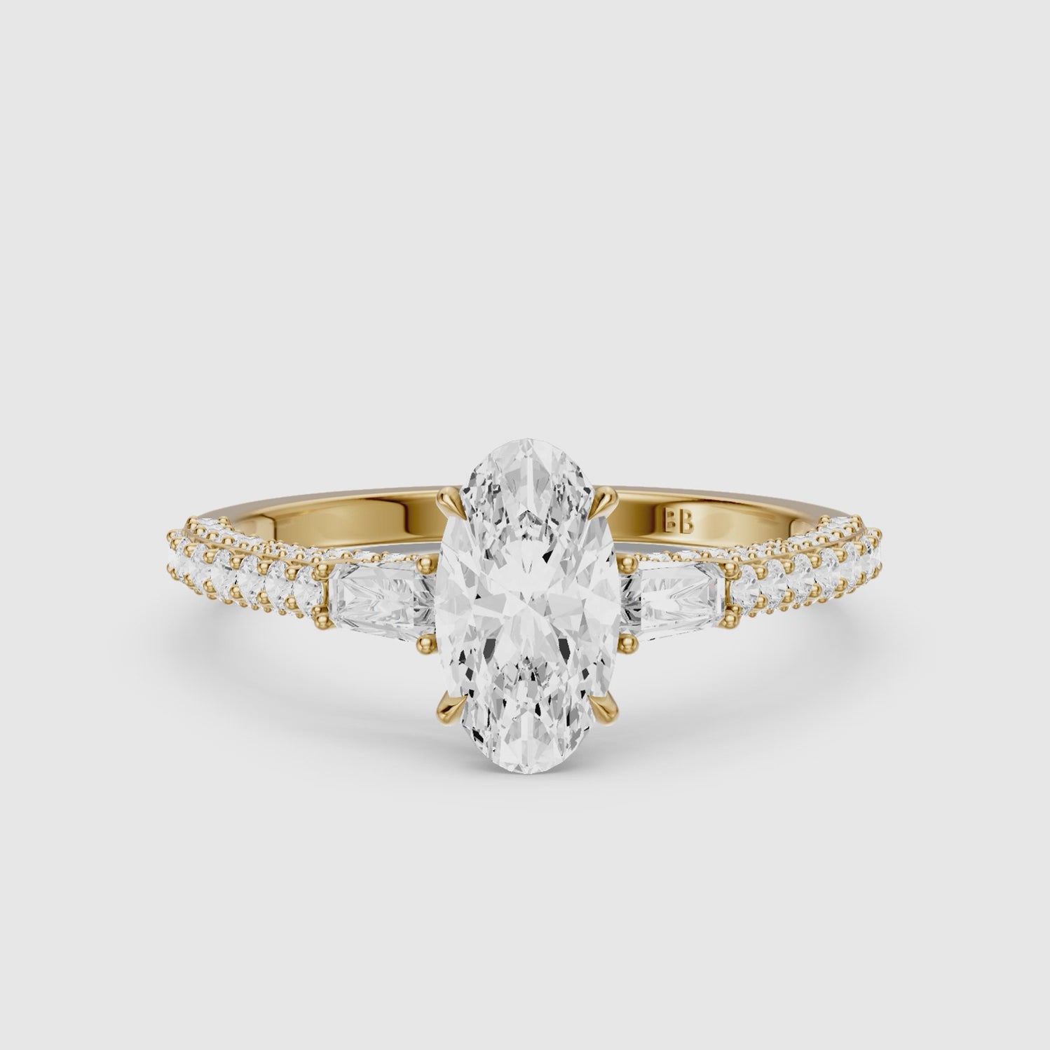 Load video: Elliana Moval Cut Lab Diamond Ring with Tapered Baguette Side Stones