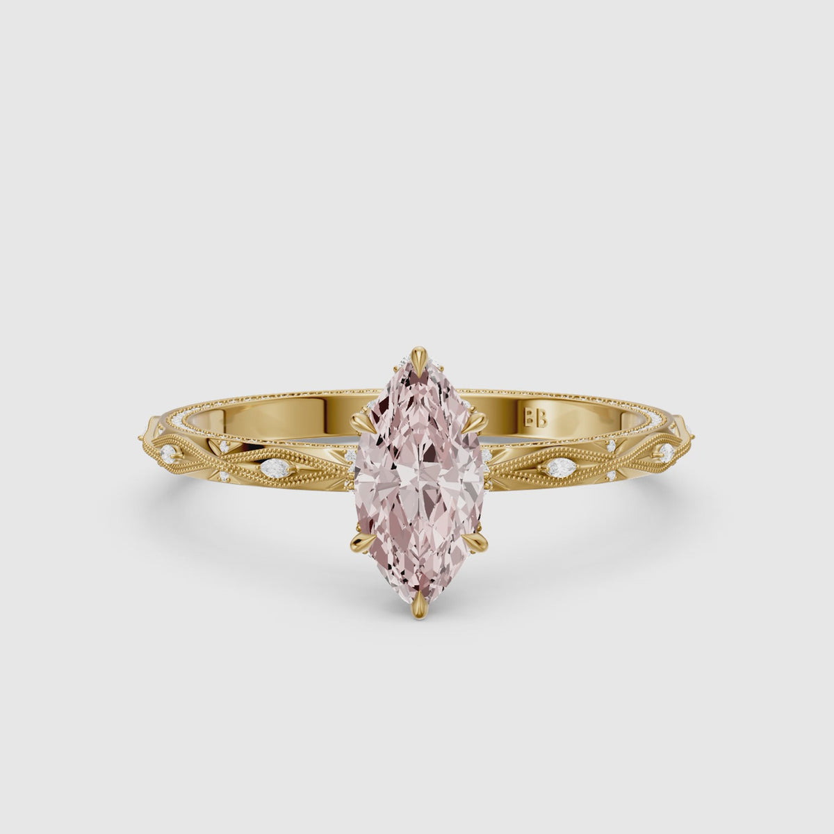 Load video: Fenella Marquise Pink Lab Grown Diamond Ornate Vintage Floral Halo Ring