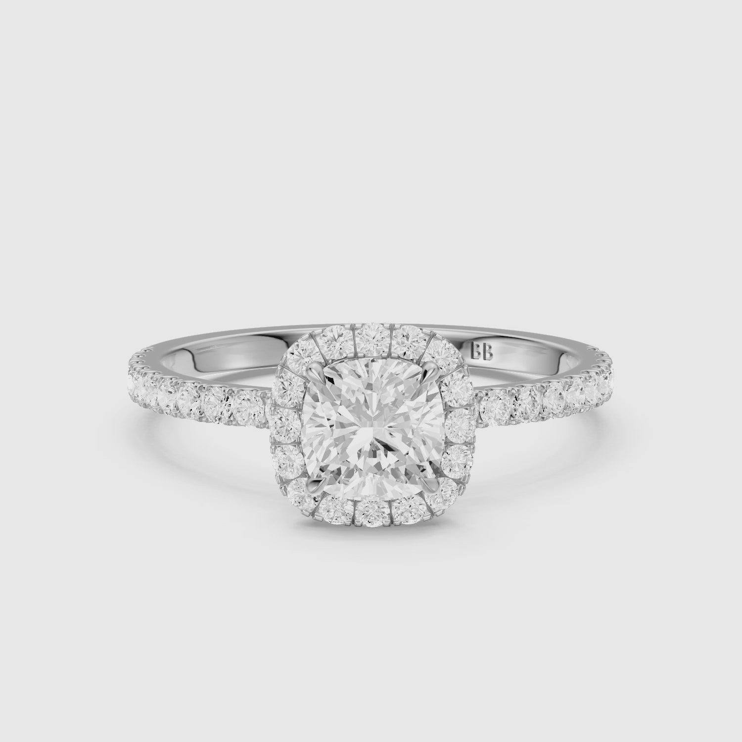 Load video: Chelsi Cushion Cut Halo Pave Lab Grown Diamond Ring