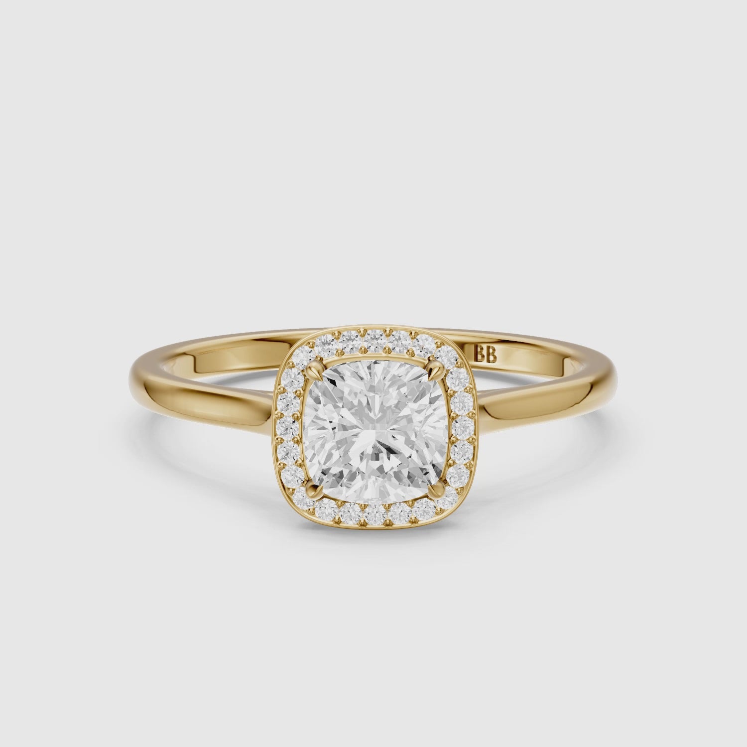 Load video: Emberly Cushion Cut Halo Cathedral Style Moissanite Diamond Ring