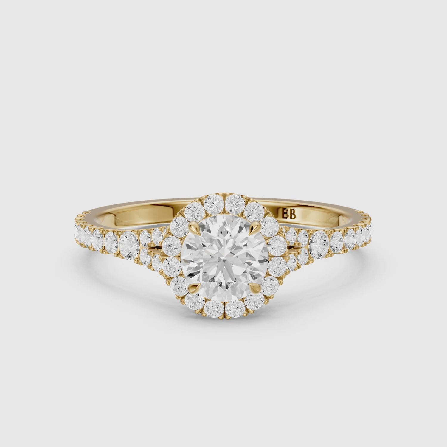 Load video: Alison Round Cut Halo Split Shank Pave Lab Grown Diamond Ring