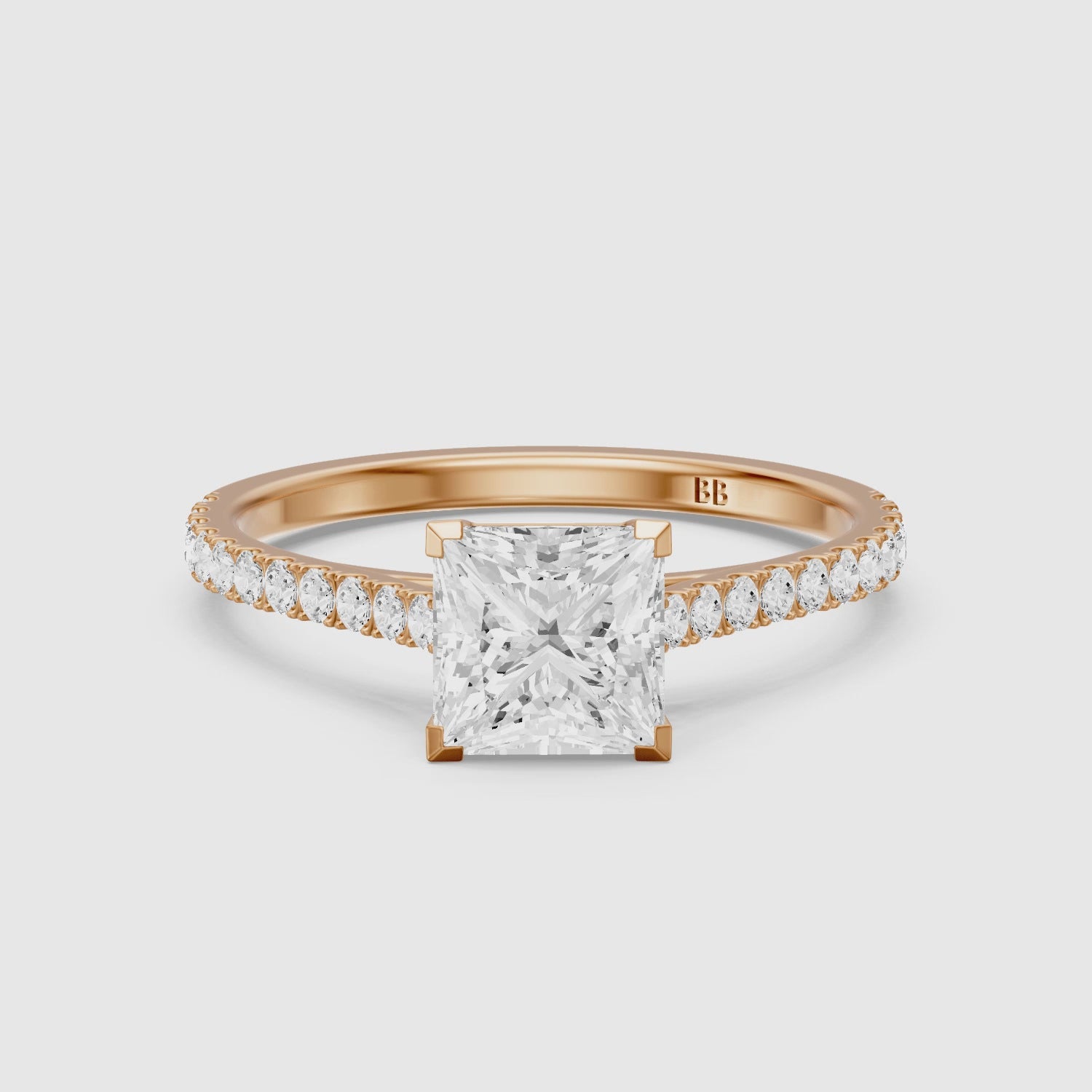 Load video: Jennie 4 Prong Princess Cut Pave Side Stone Lab Grown Diamond Ring