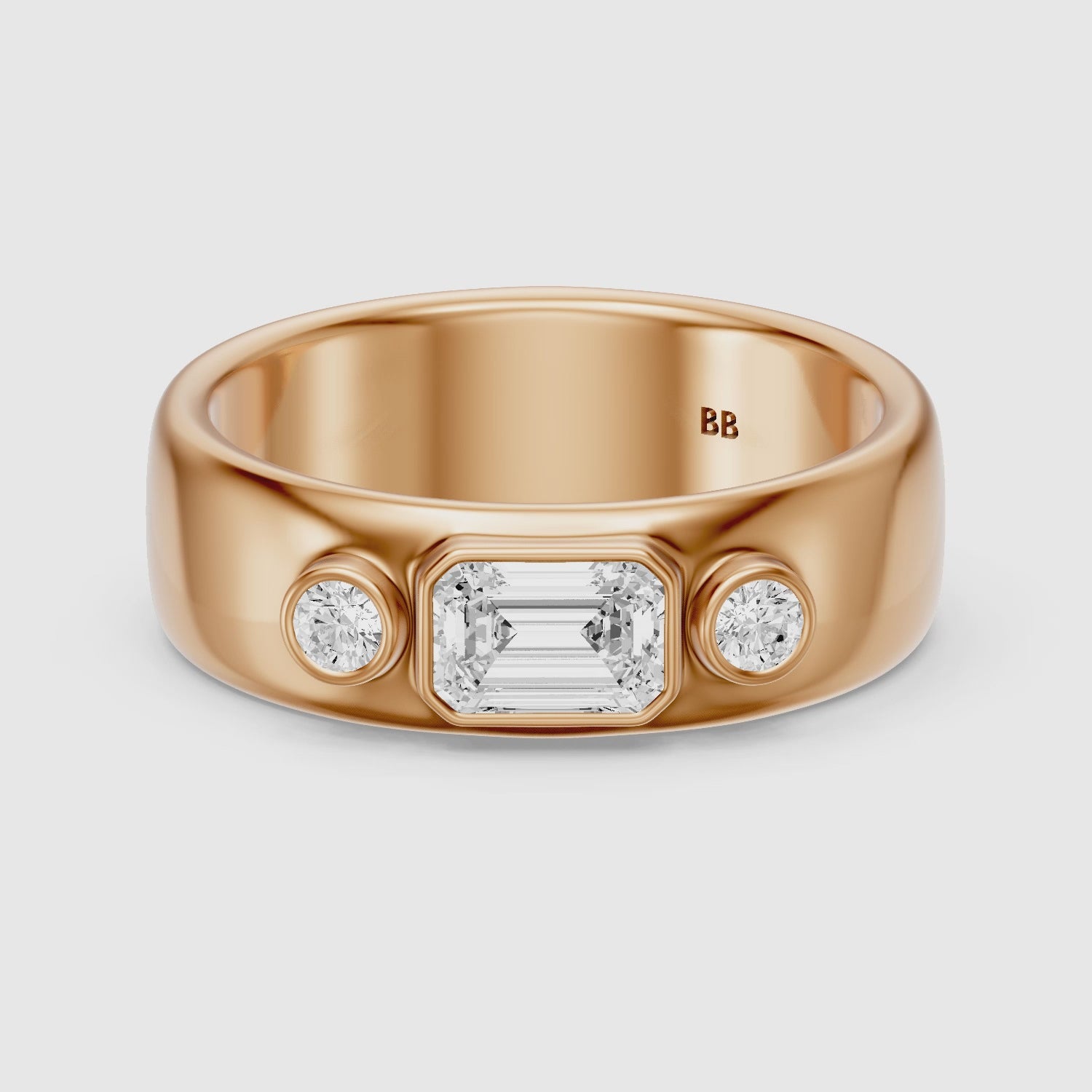 Load video: Catarina Emerald Cut Lab Diamond Bezel Set Three Stone Cigar Band