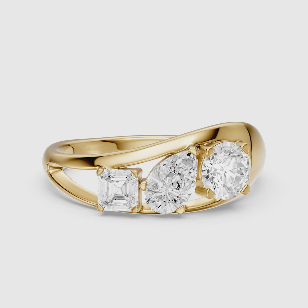 Load video: Zena Round Three Stone Bypass Lab Grown Diamond Engagement Ring