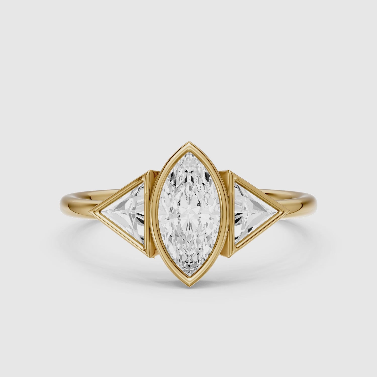 Load video: Amira Marquise Cut Bezel Moissanite Diamond Ring with Triangle Side Stones