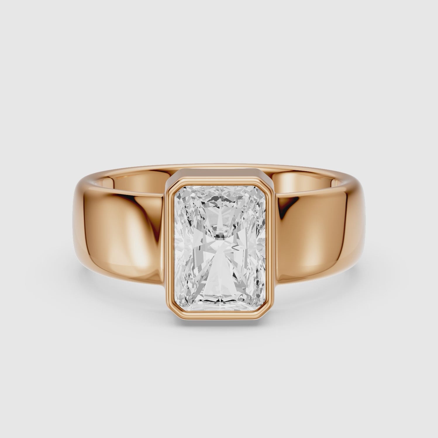 Load video: Della Radiant Cut Lab Diamond Bezel Solitaire Wide Cigar Band