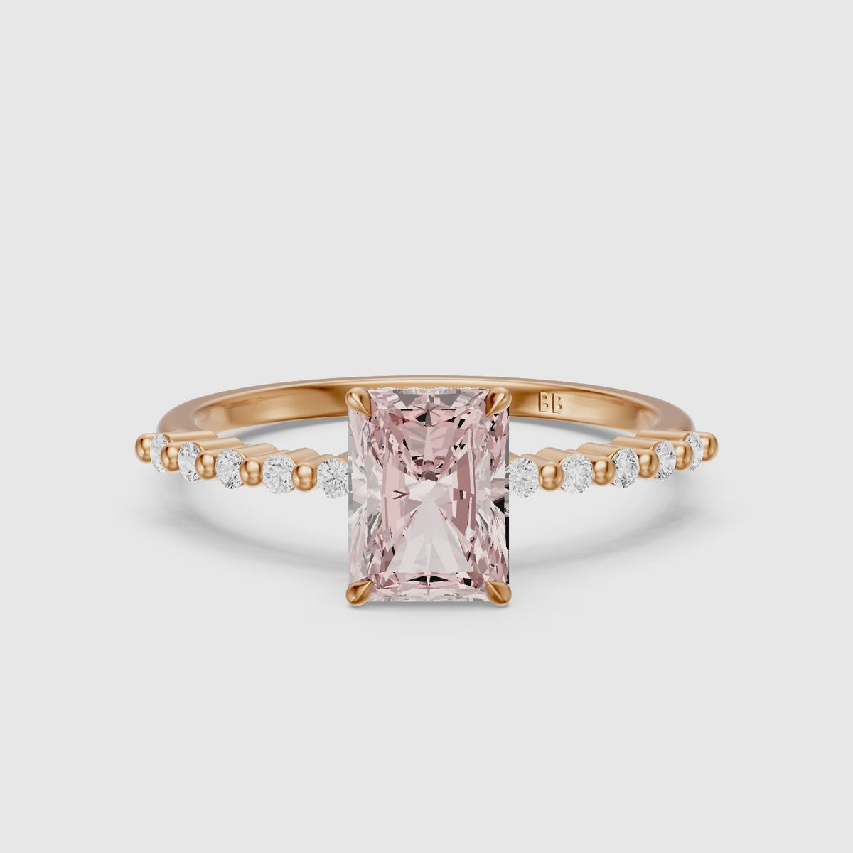 Load video: Oona Radiant Cut Hidden Halo Side Stone Pink Lab Grown Diamond Ring