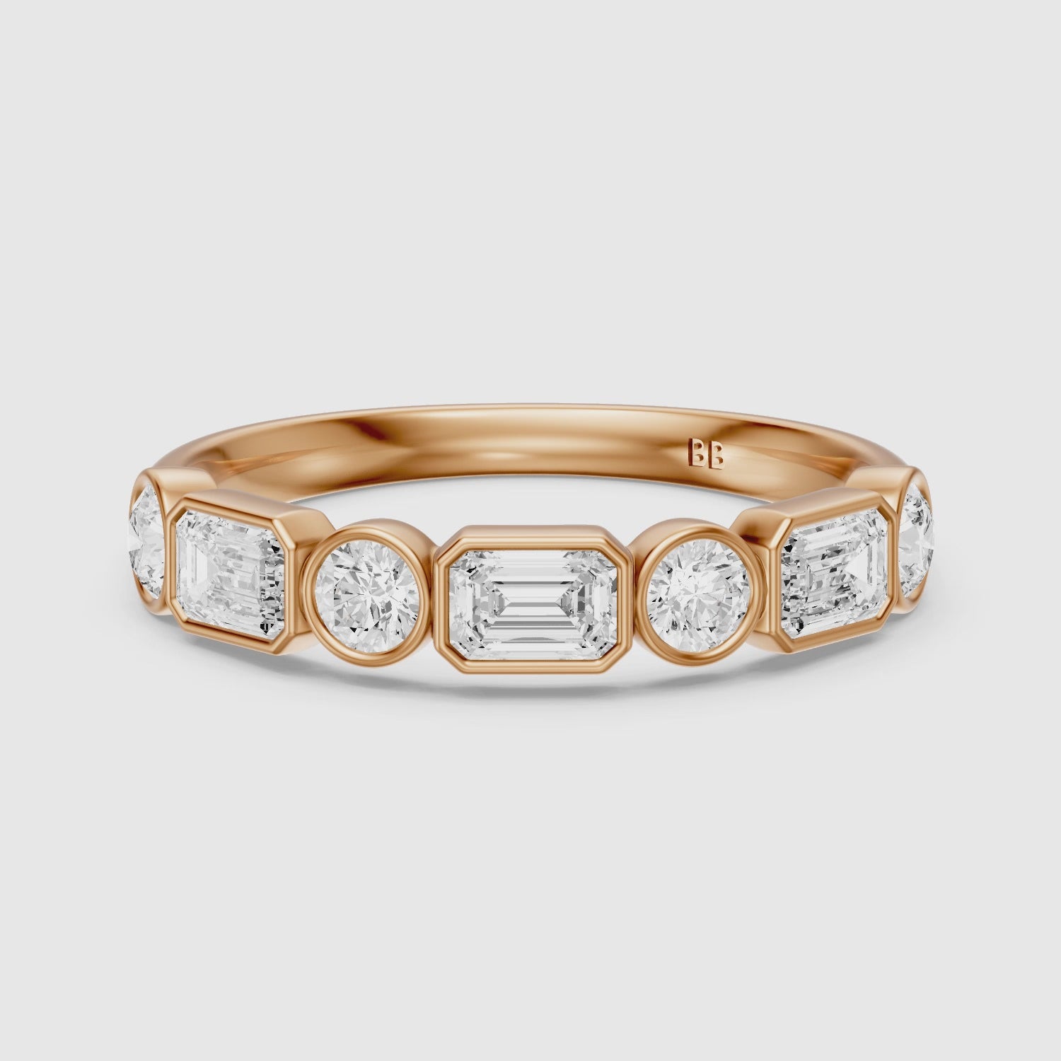 Load video: Jade Round and Emerald Shape Lab Grown Diamond Bezel Anniversary Band