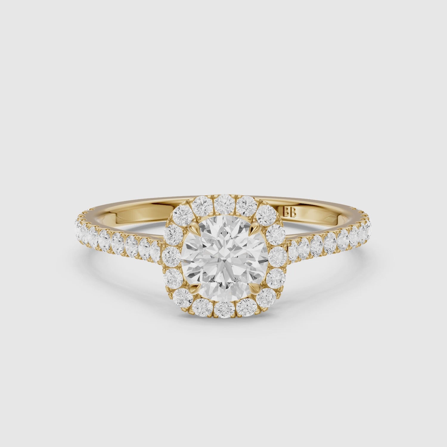Load video: Carrah Round Cut Halo Pave Side Stone Lab Grown Diamond Ring