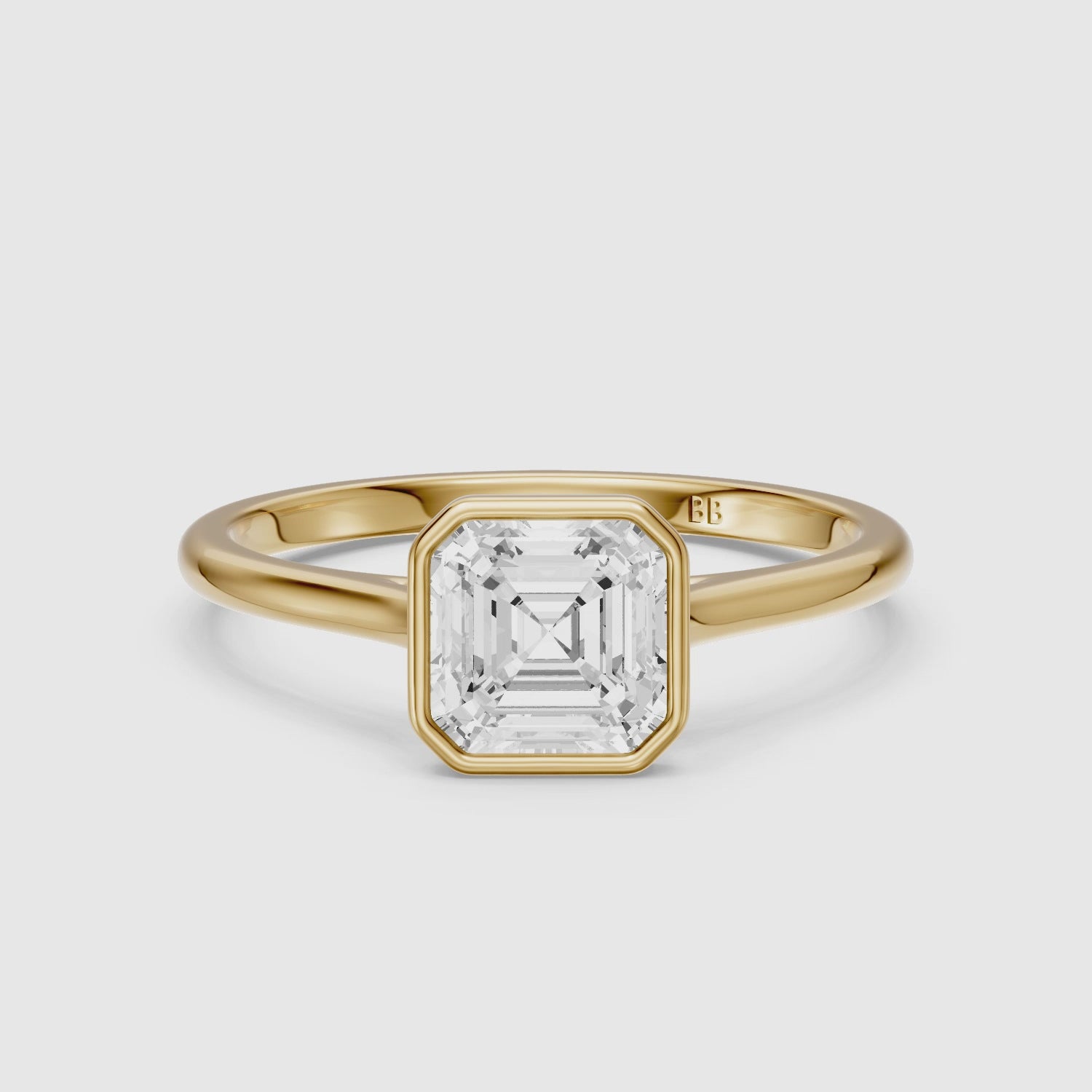 Load video: Elodia Asscher Cut Bezel Set Cathedral Style Lab Grown Diamond Ring