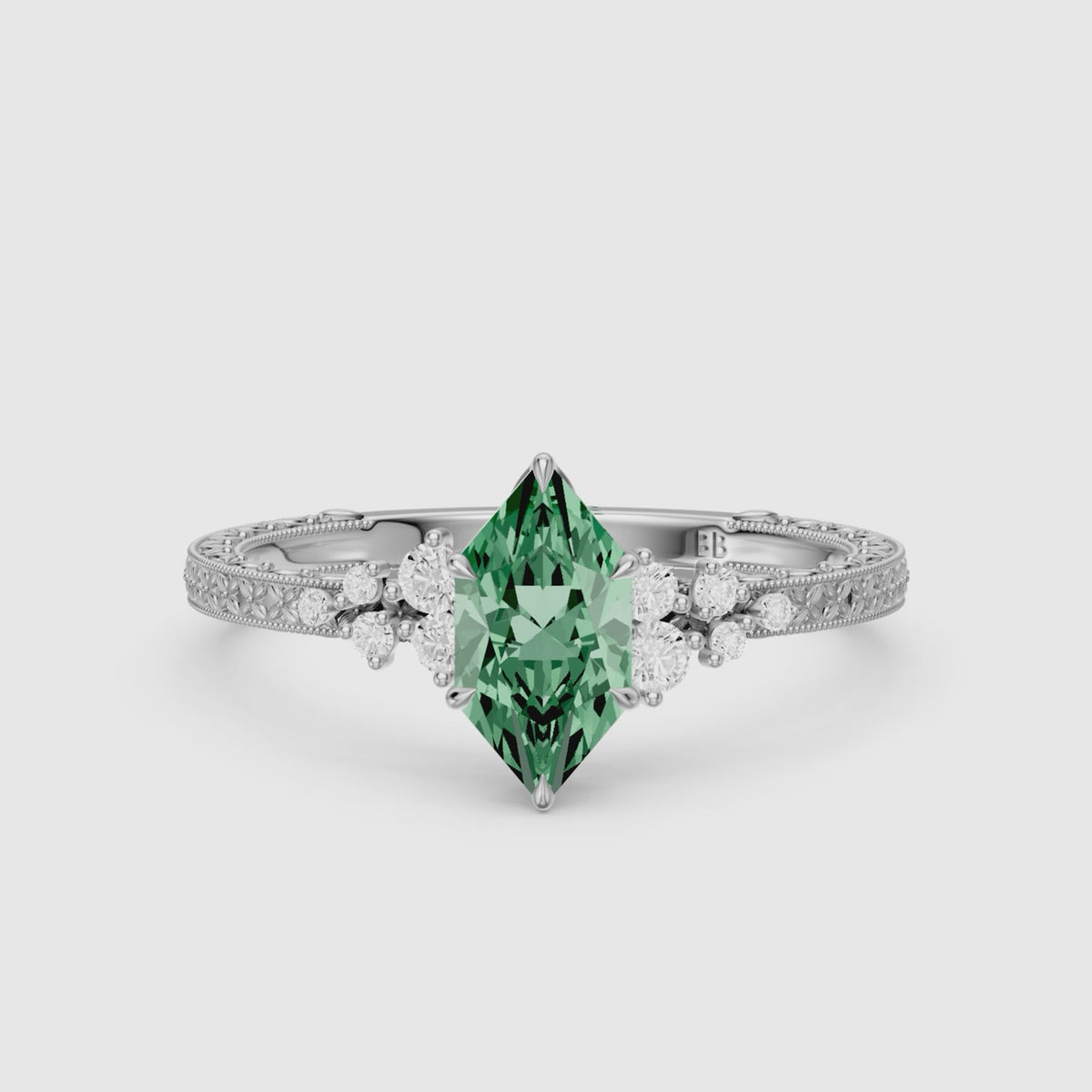 Load video: Jenna Dutch Marquise Green Lab Grown Diamond Vintage Ring with Milgrain Band