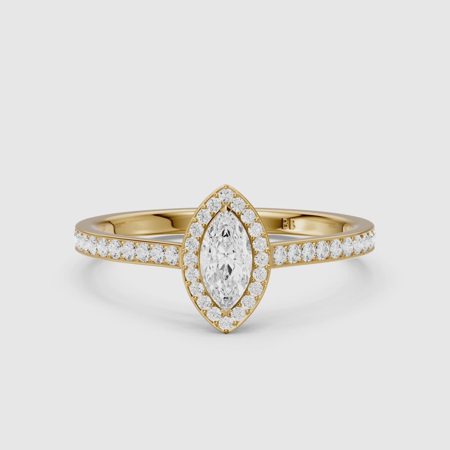 Load video: Skylar Marquise Cut Halo Low Profile Side Stone Lab Grown Diamond Ring