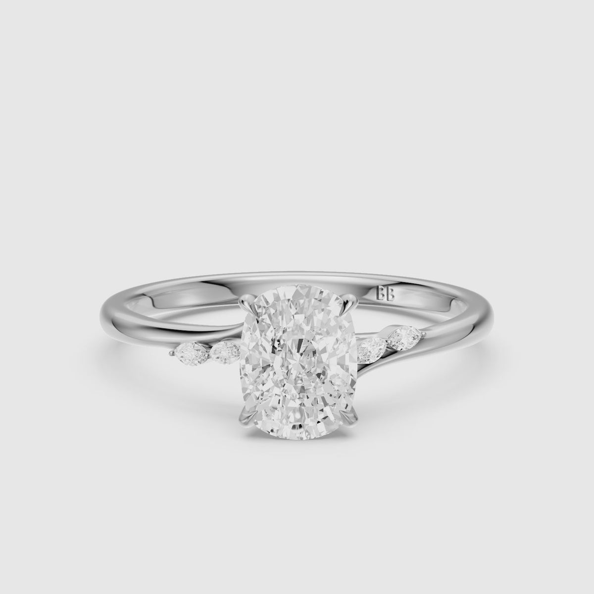 Load video: Nixie Elongated Cushion Hidden Halo Side Marquise Lab Grown Diamond Ring