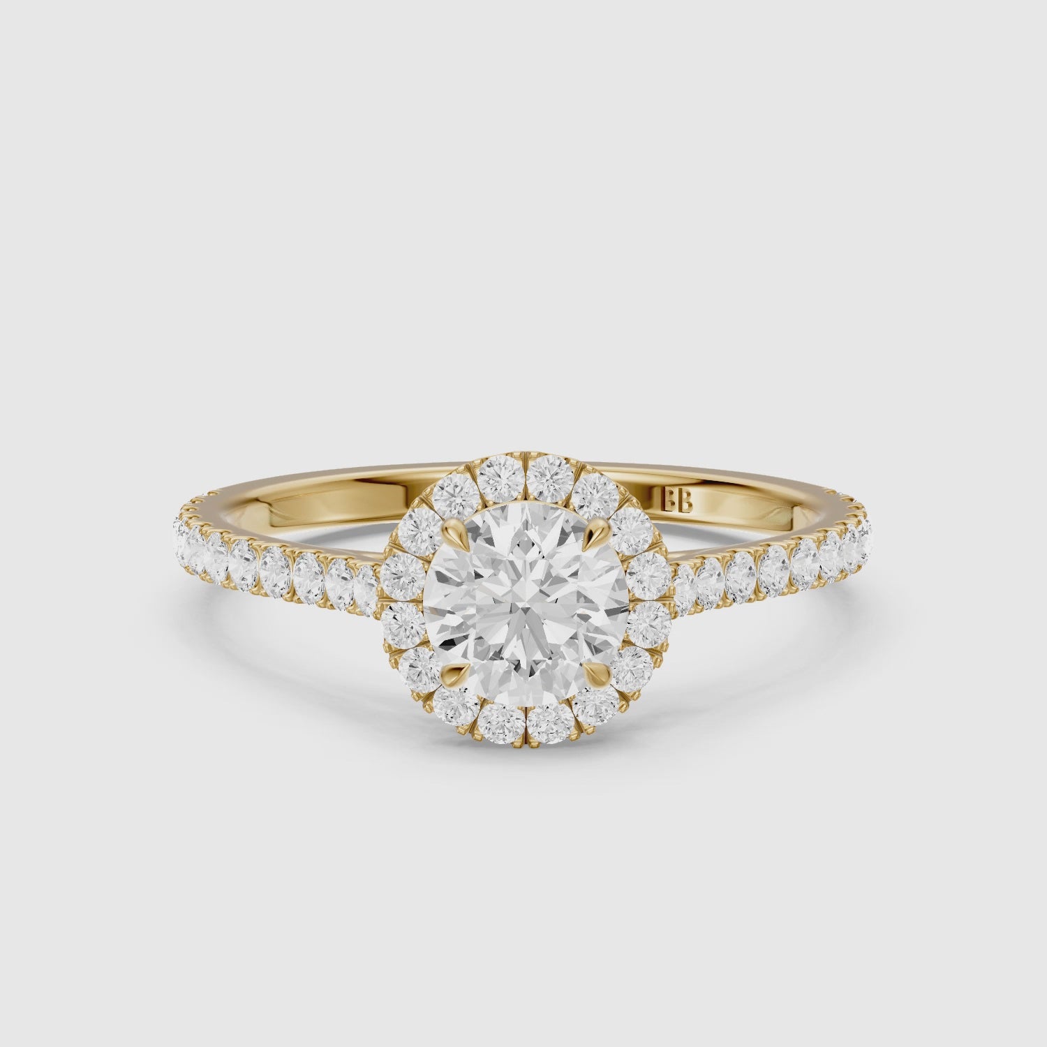Load video: Avelin Round Cut Halo Cathedral Pave Lab Grown Diamond Ring