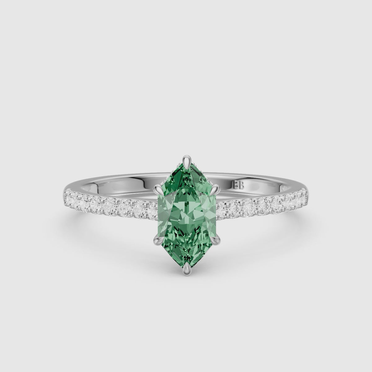 Load video: Andrea Dutch Marquise Green Lab Grown Diamond Hidden Halo French Pave Engagement Ring