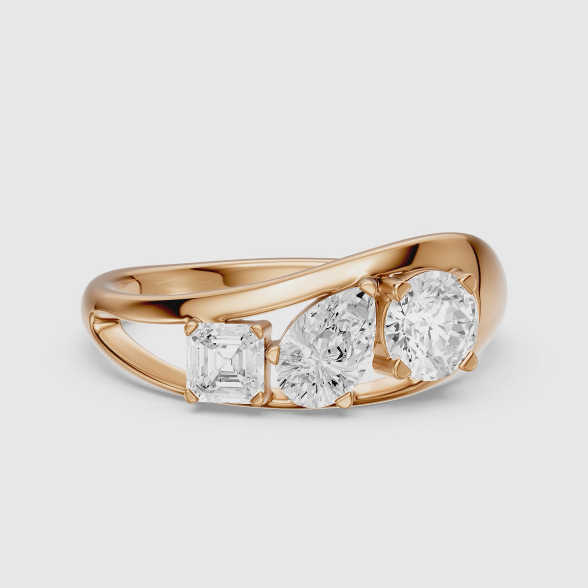 Load video: Zena Round Three Stone Bypass Lab Grown Diamond Engagement Ring