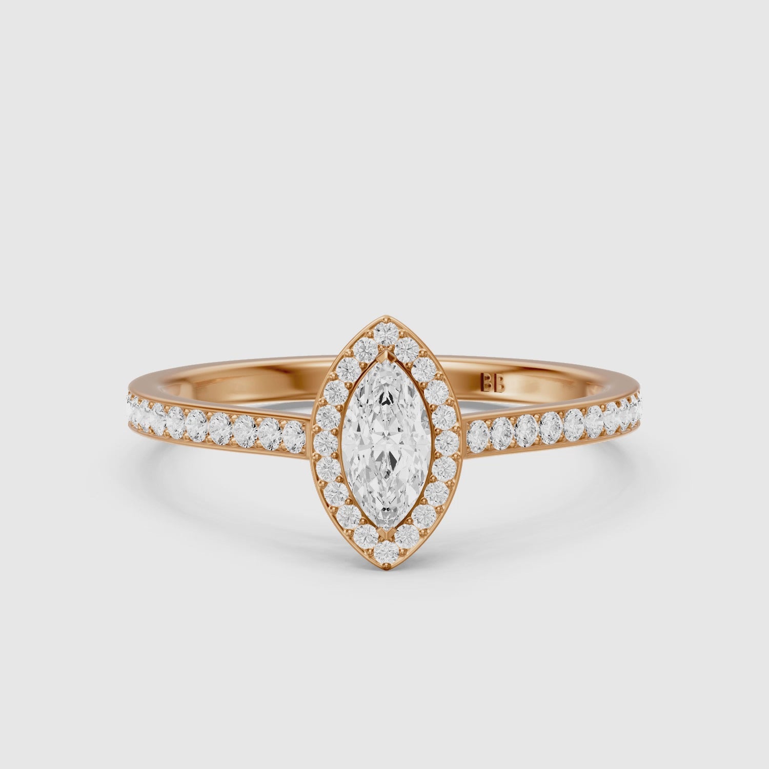 Load video: Skylar Marquise Cut Halo Low Profile Side Stone Lab Grown Diamond Ring