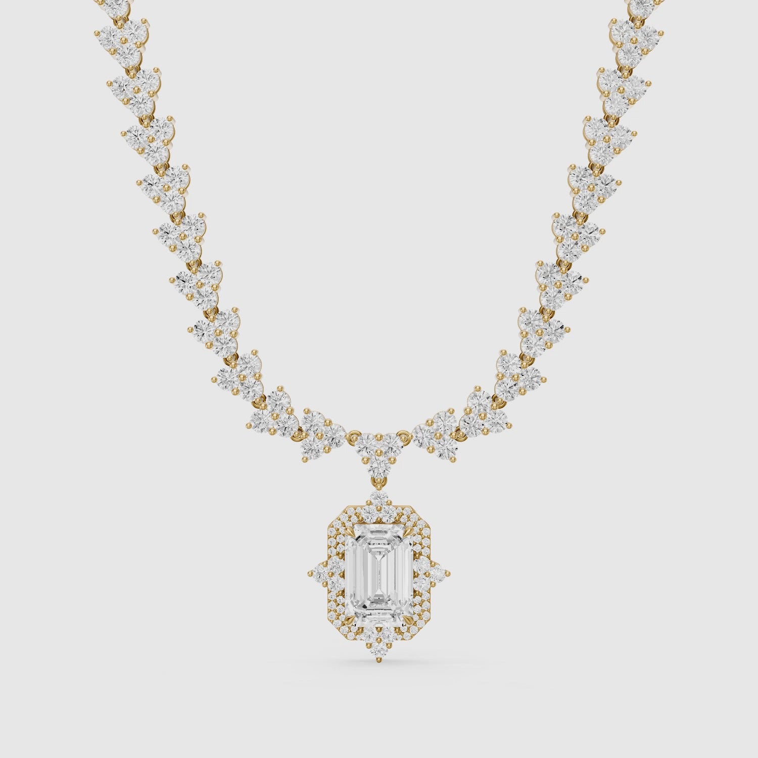 Load video: Genesis Emerald Cut Lab Grown Diamond Halo Style Tennis Necklace