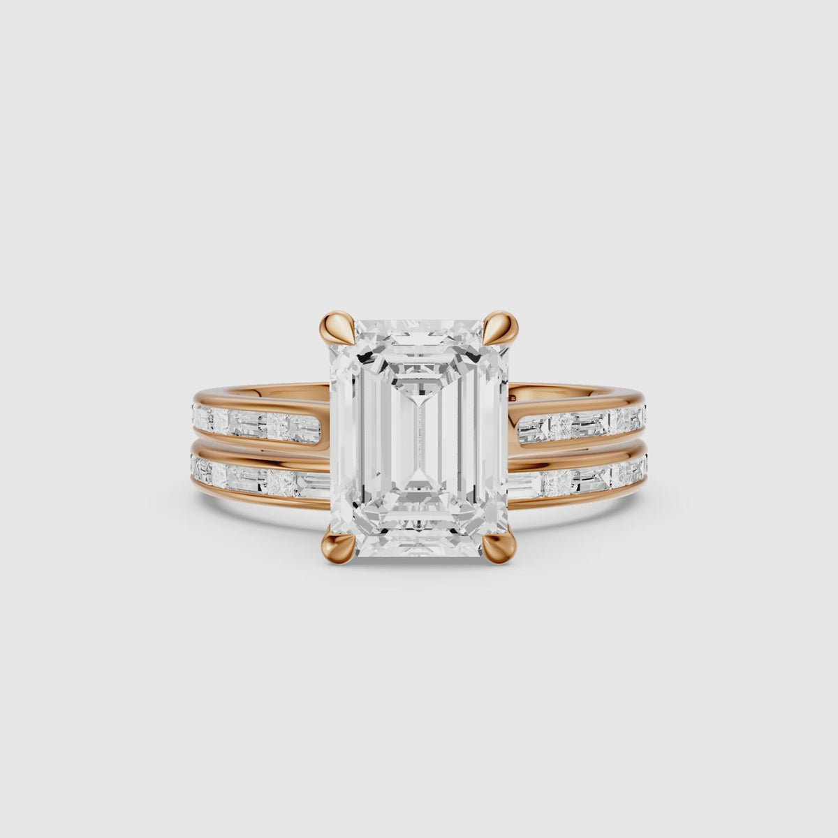 Load video: Maribel Emerald Cut Lab Grown Diamond Channel Set Baguette Bridal Set