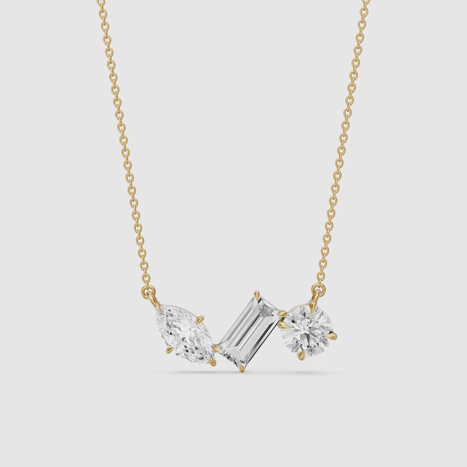 Load video: Gracie Marquise, Baguette and Round Lab Grown Diamond Trio Necklace