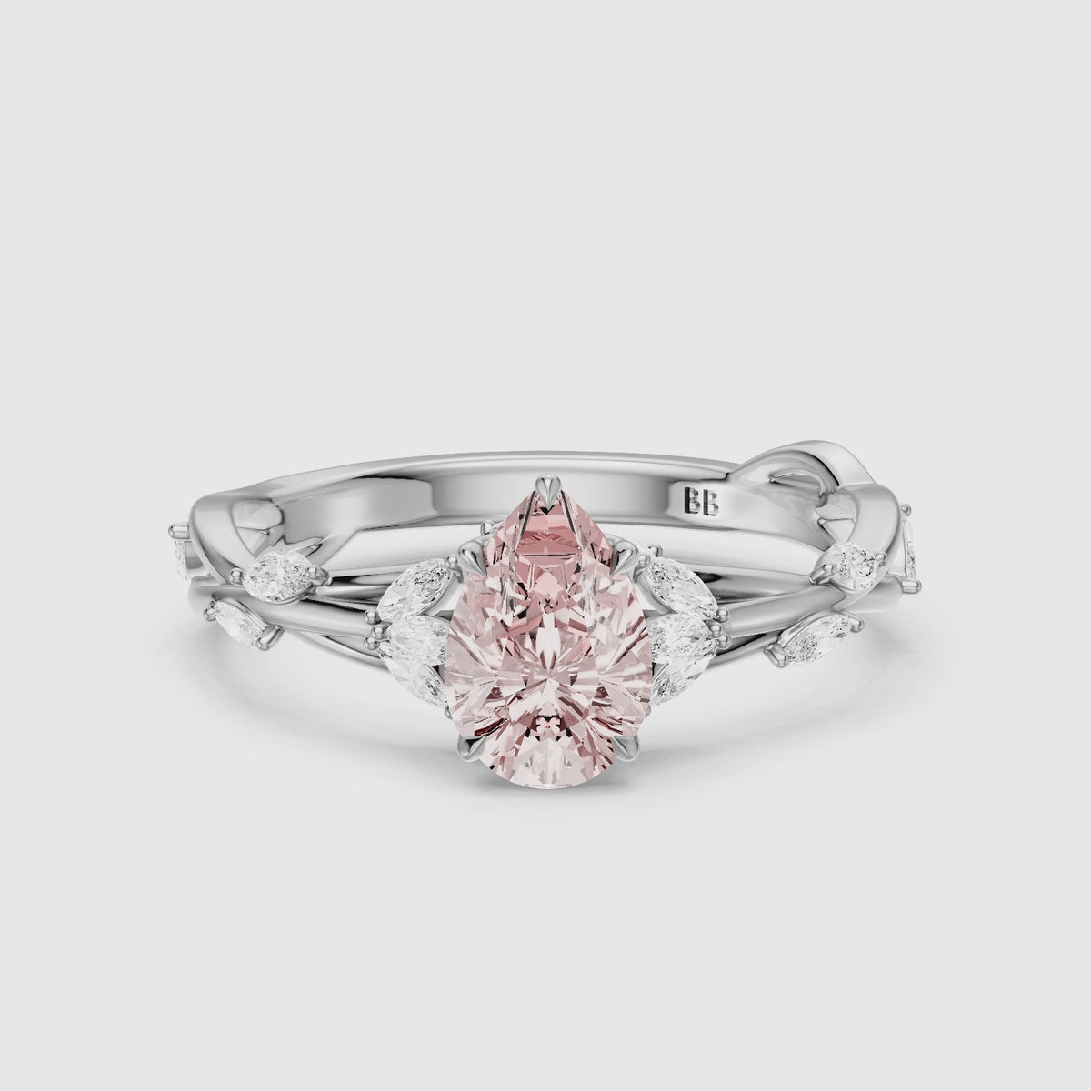 Load video: Anouk Pear Cut Marquise Side Stone Nature Inspired Pink Lab Grown Diamond Ring