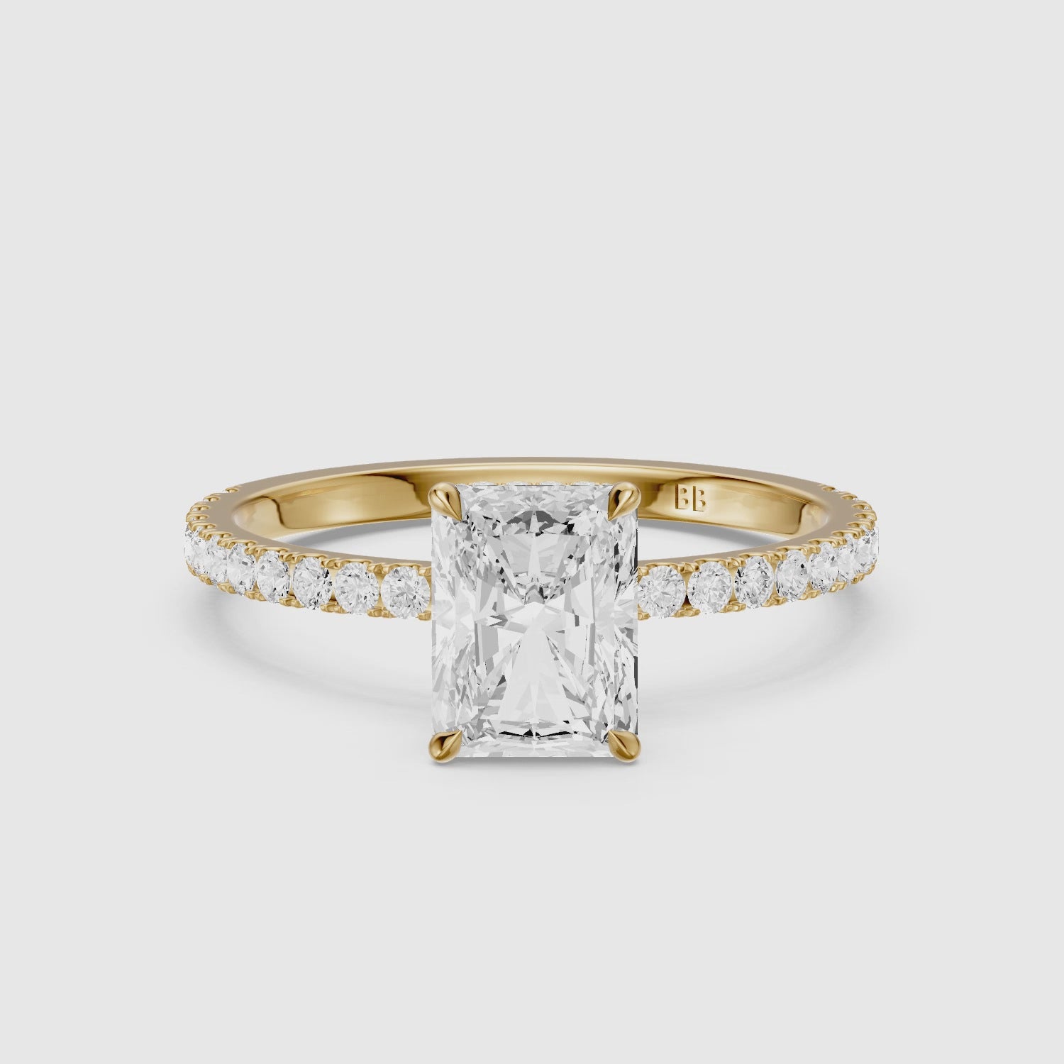 Load video: Denali Radiant Cut Hidden Halo Side Stone Pave Lab Grown Diamond Ring