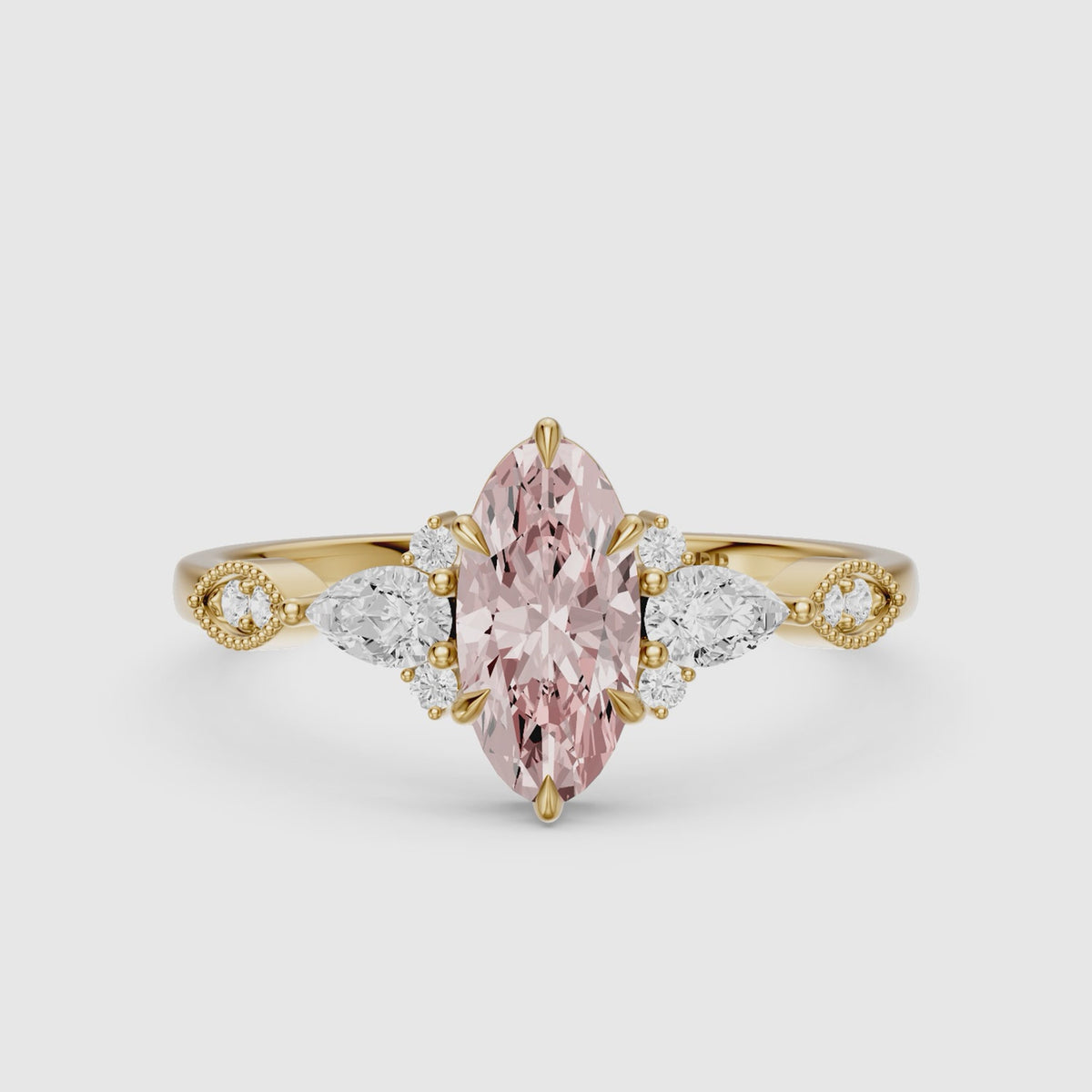 Load video: Jemima Moval Pink Lab Grown Diamond Vintage Style Ring with Pear and Round Accents