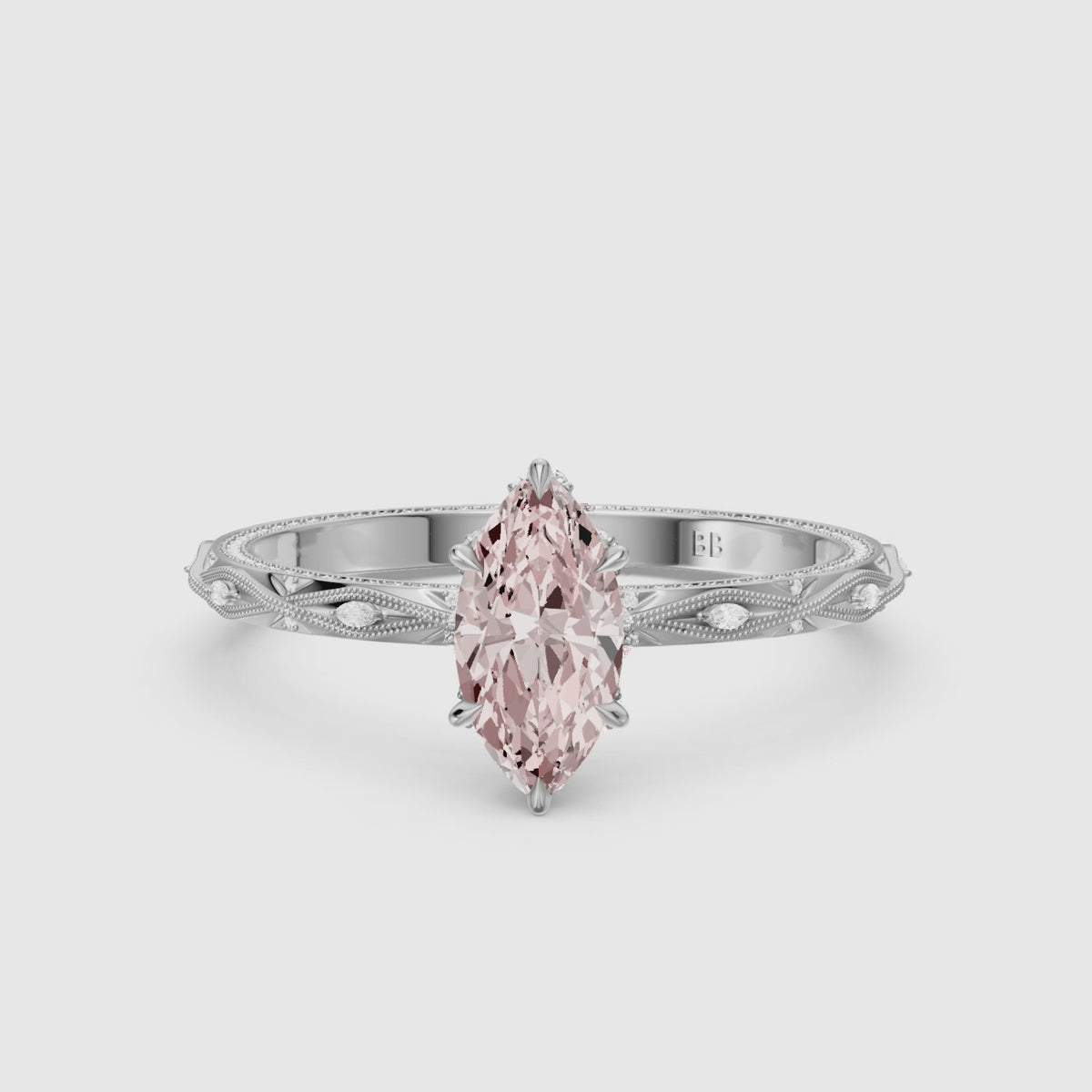 Load video: Fenella Marquise Pink Lab Grown Diamond Ornate Vintage Floral Halo Ring