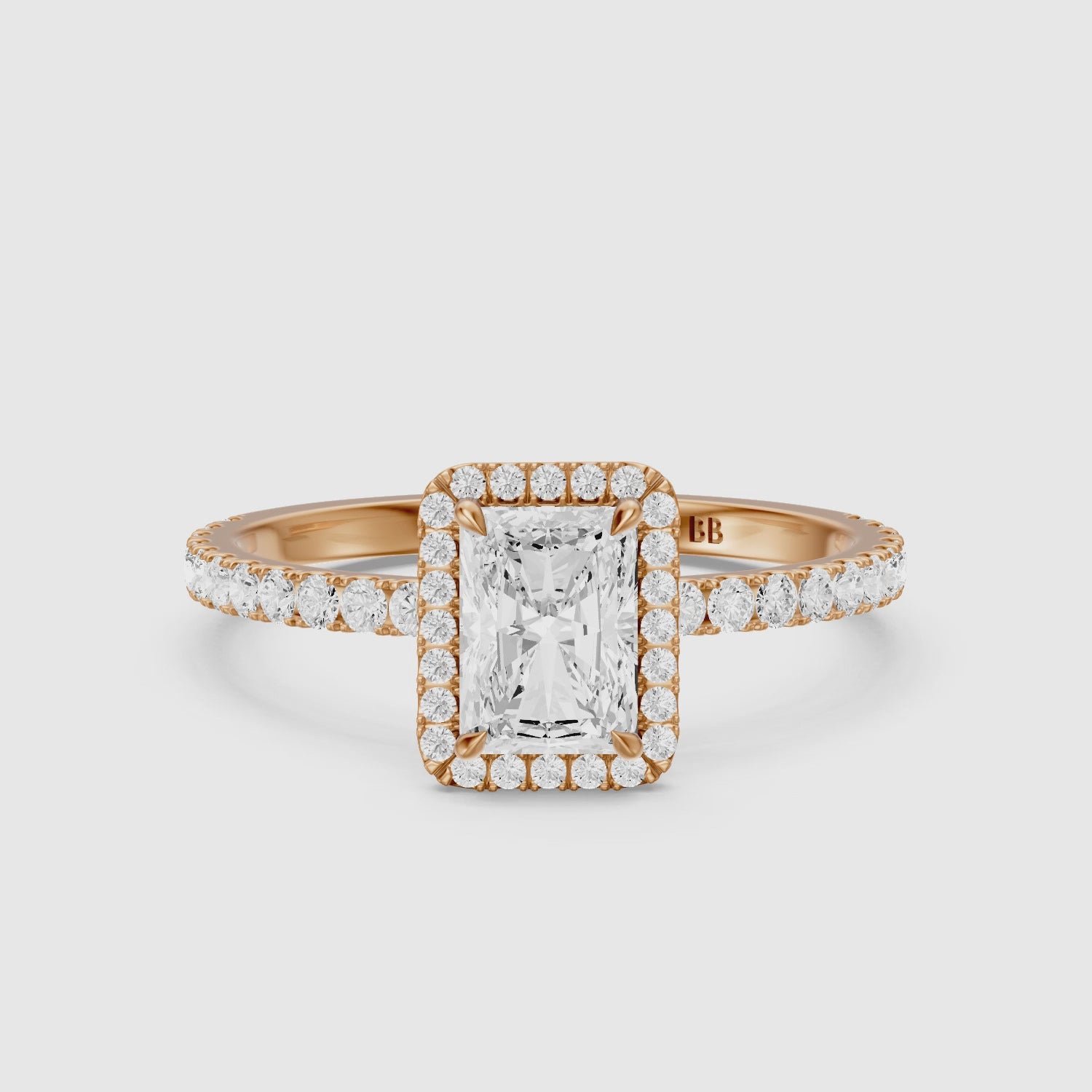 Load video: Darian Radiant Cut Halo Pave Side Stone Lab Grown Diamond Ring