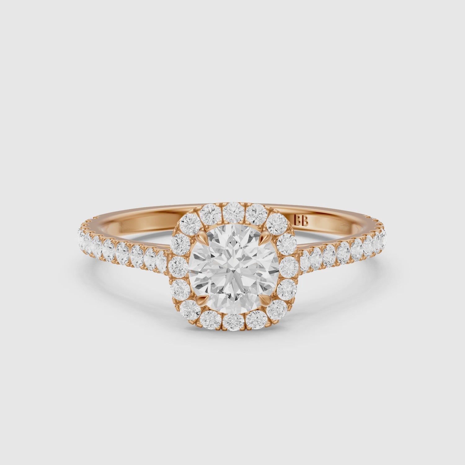 Load video: Carrah Round Cut Halo Pave Side Stone Lab Grown Diamond Ring