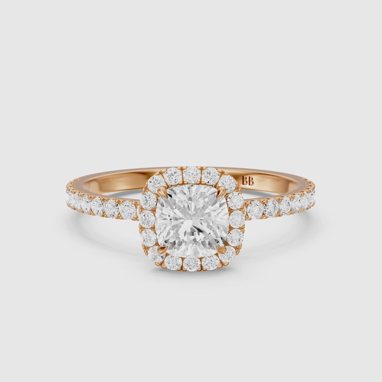 Load video: Chelsi Cushion Cut Halo Pave Lab Grown Diamond Ring