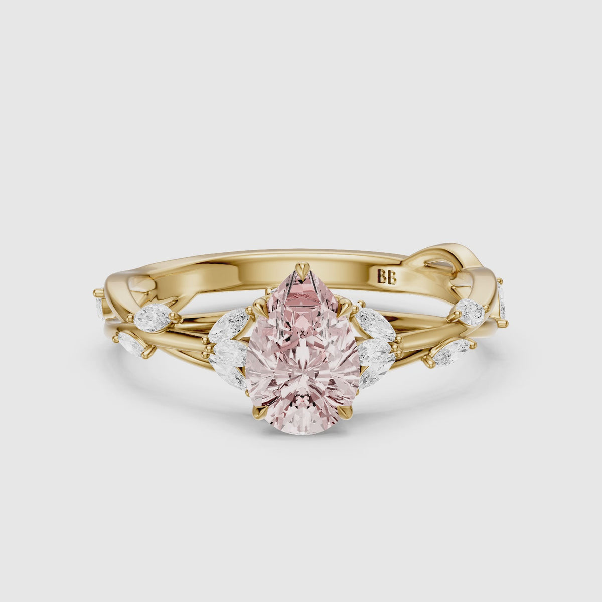 Load video: Anouk Pear Cut Marquise Side Stone Nature Inspired Pink Lab Grown Diamond Ring