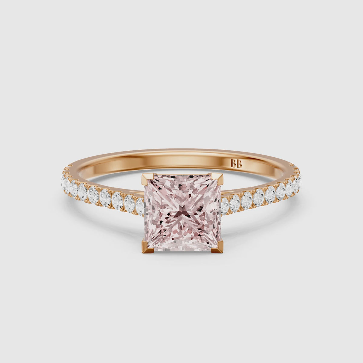 Load video: Ariadne 4 Prong Princess Cut Pave Side Stone Pink Lab Grown Diamond Ring