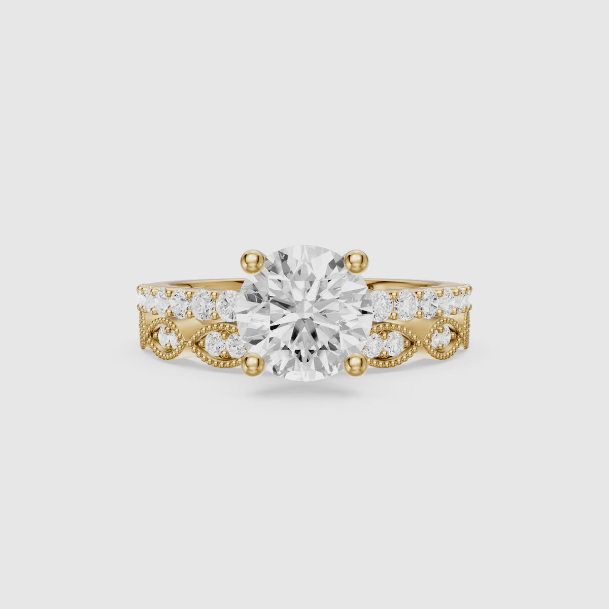Load video: Graziela Round Cut Lab Grown Diamond Vintage Bridal Set