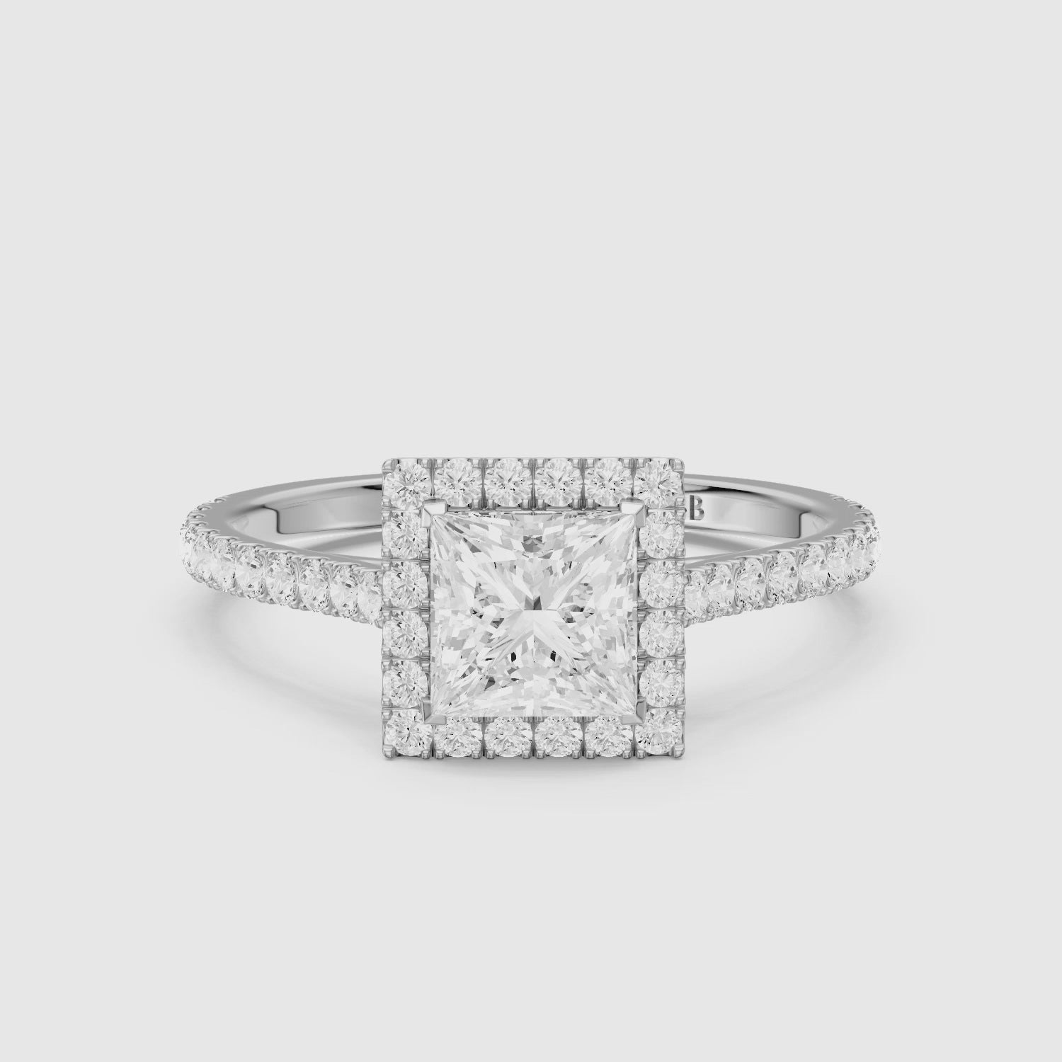 Load video: Allana Princess Cut Halo Pave Side Stone Lab Grown Diamond Ring
