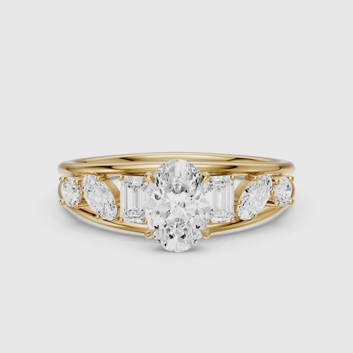 Load video: Neve Oval Moissanite Diamond Ring with Round, Oval &amp; Emerald Cut Side Diamonds