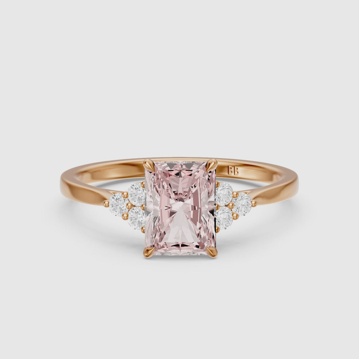 Load video: Nell Radiant Cut Side Stone Cluster Pink Lab Grown Diamond Ring