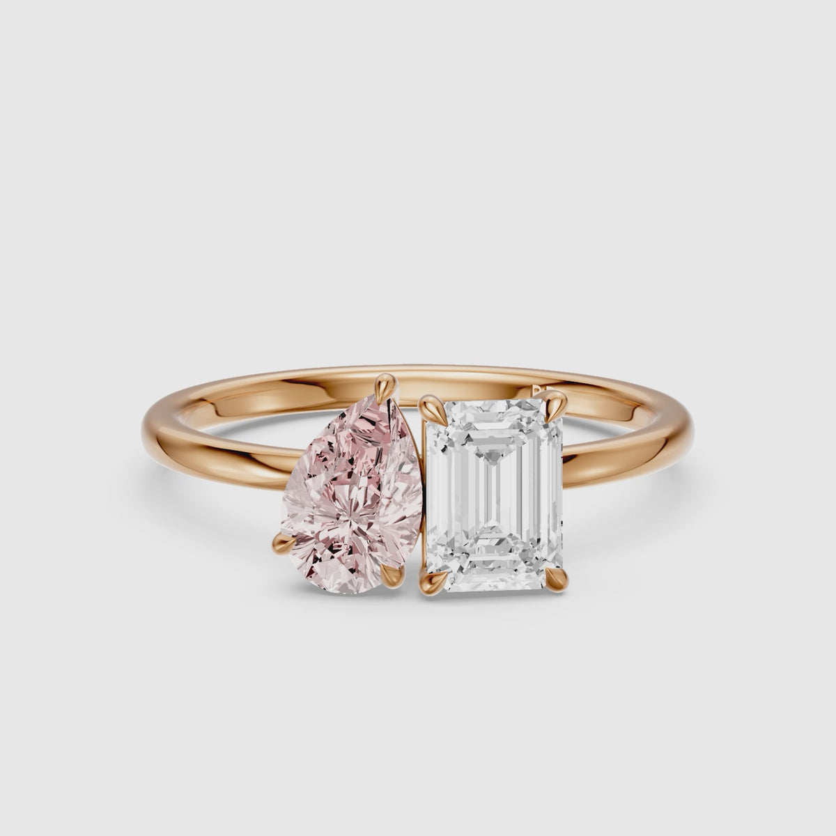 Load video: Milena Pink Pear and Emerald Cut Color Lab Grown Diamond Toi et Moi Ring