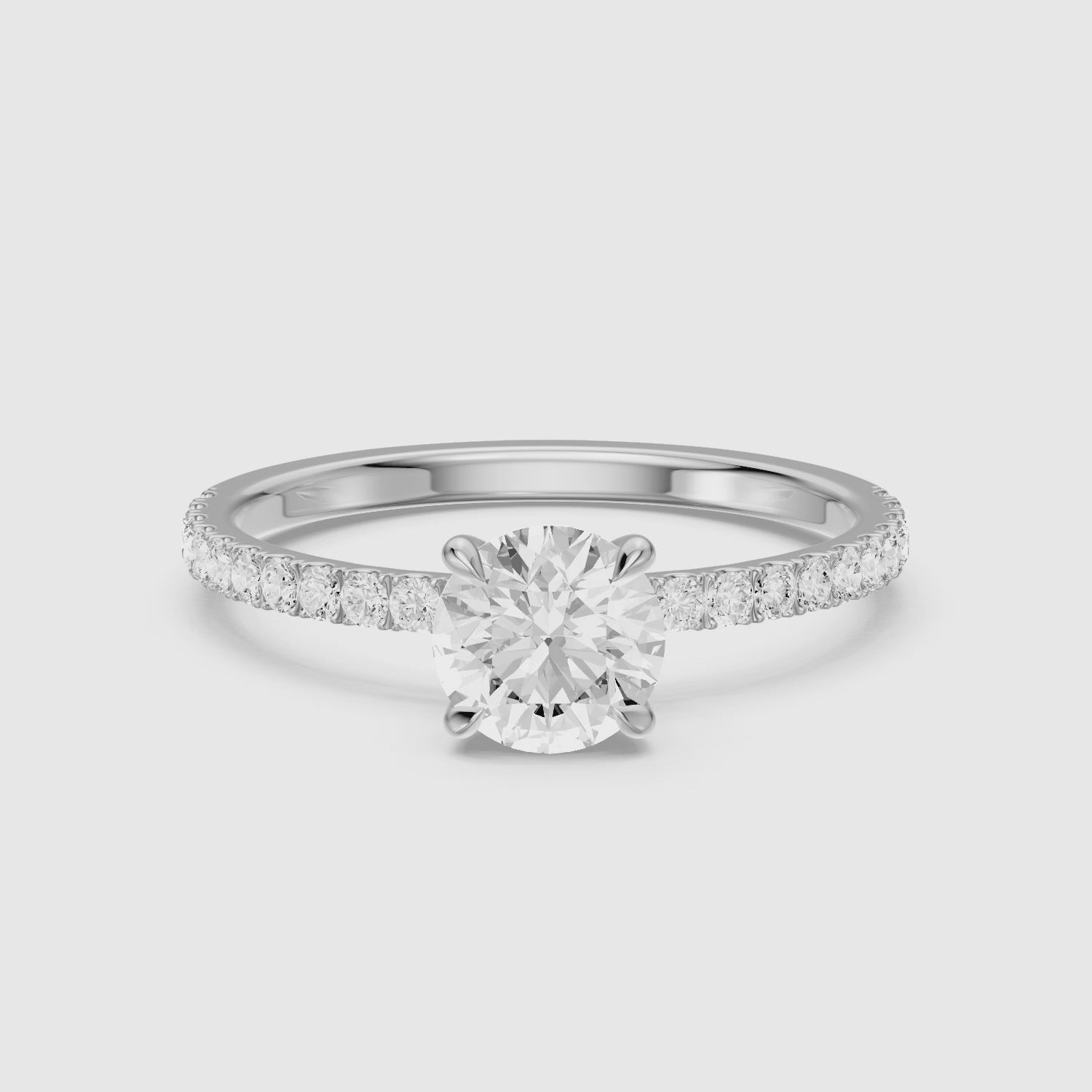 Load video: Amayah Round Cut Hidden Halo Pave Side Stone Moissanite Diamond Ring