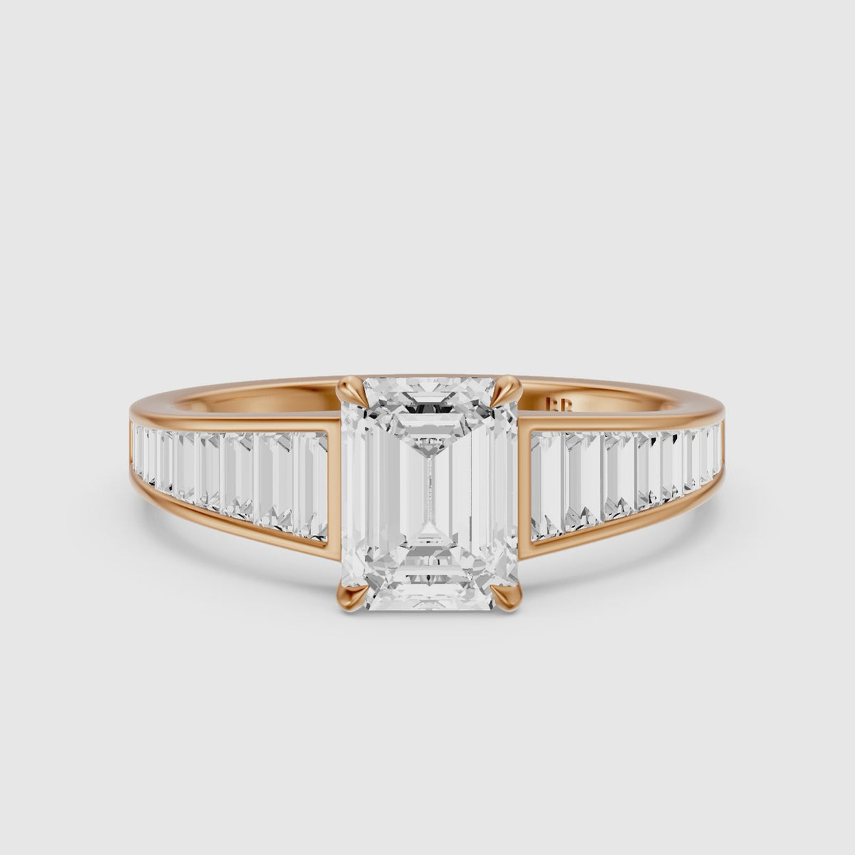 Load video: Angelina Emerald Cut Moissanite Diamond Engagement Ring with Baguette Side Stones