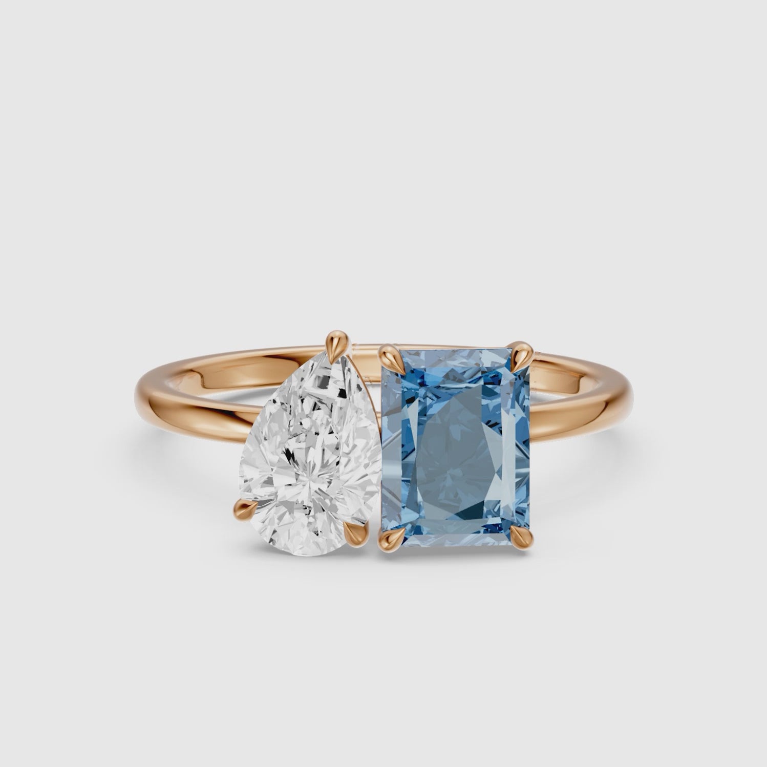 Load video: Milica Blue Radiant and Pear Cut Colored Lab Grown Diamond Toi et Moi Ring
