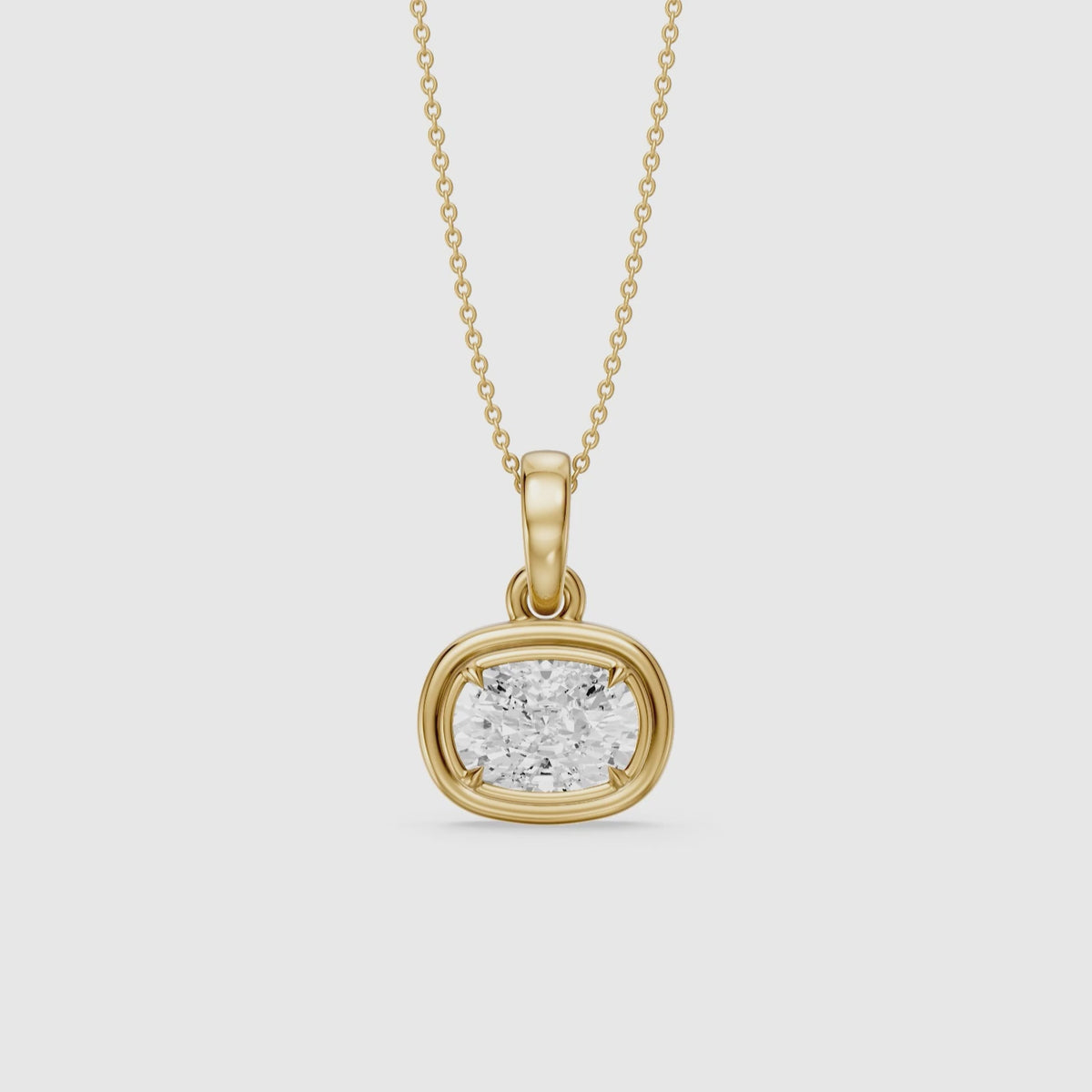Load video: Carmen East West Elongated Cushion Cut Lab Grown Diamond Bezel Pendant