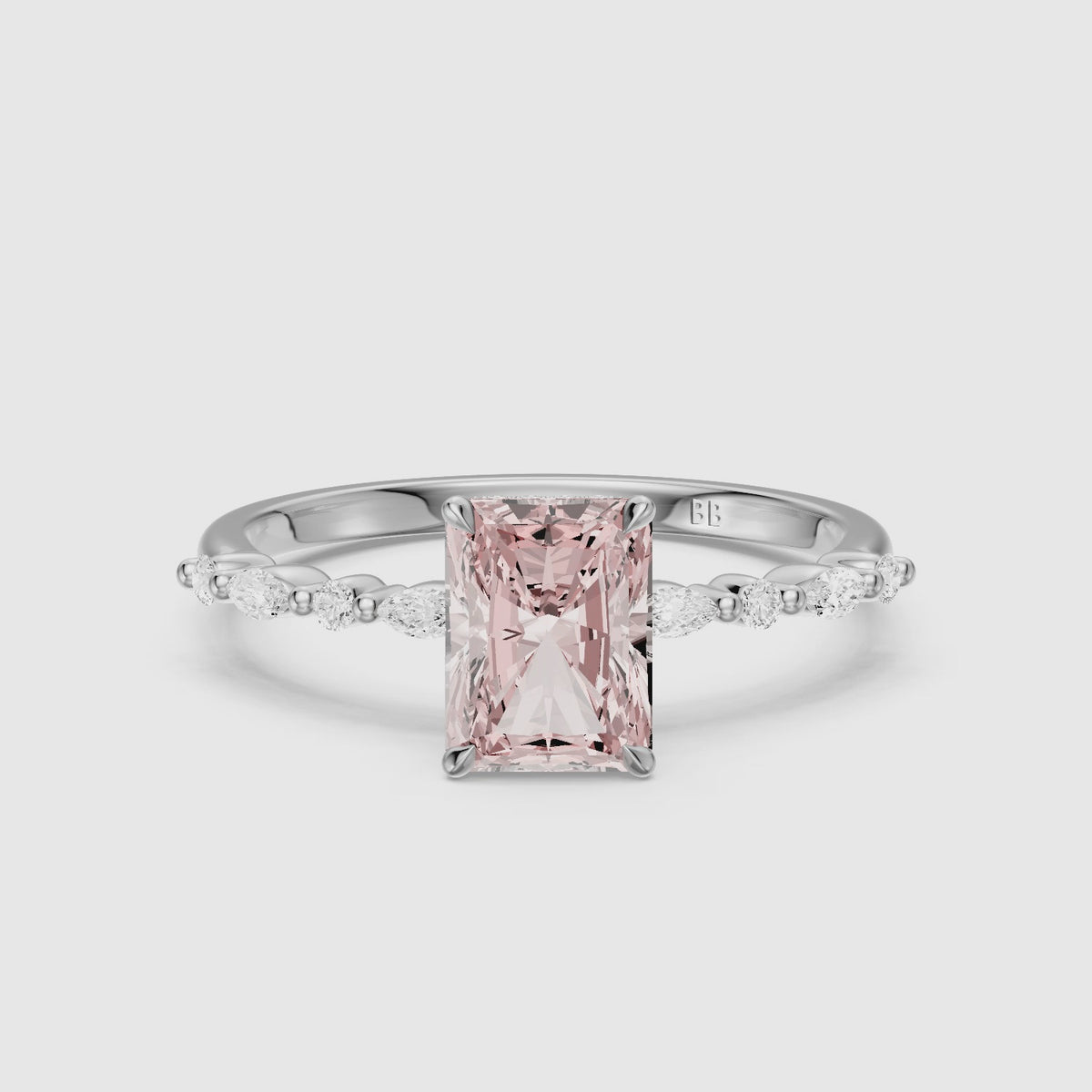 Load video: Nimue Radiant Cut Hidden Halo Side Stone Pink Lab Grown Diamond Ring