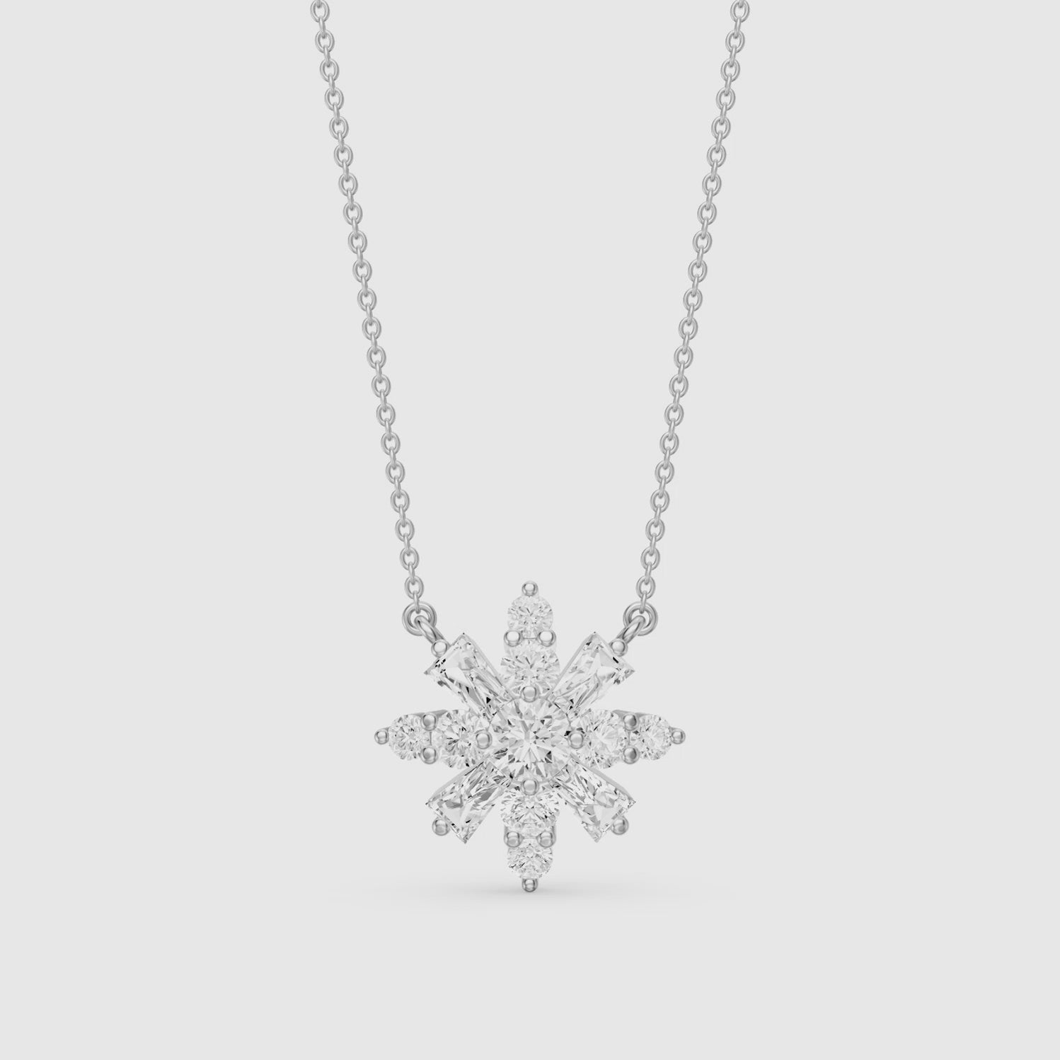 Load video: Rosalie Round and Tapered Baguette Lab Grown Diamond Snowflake Pendant