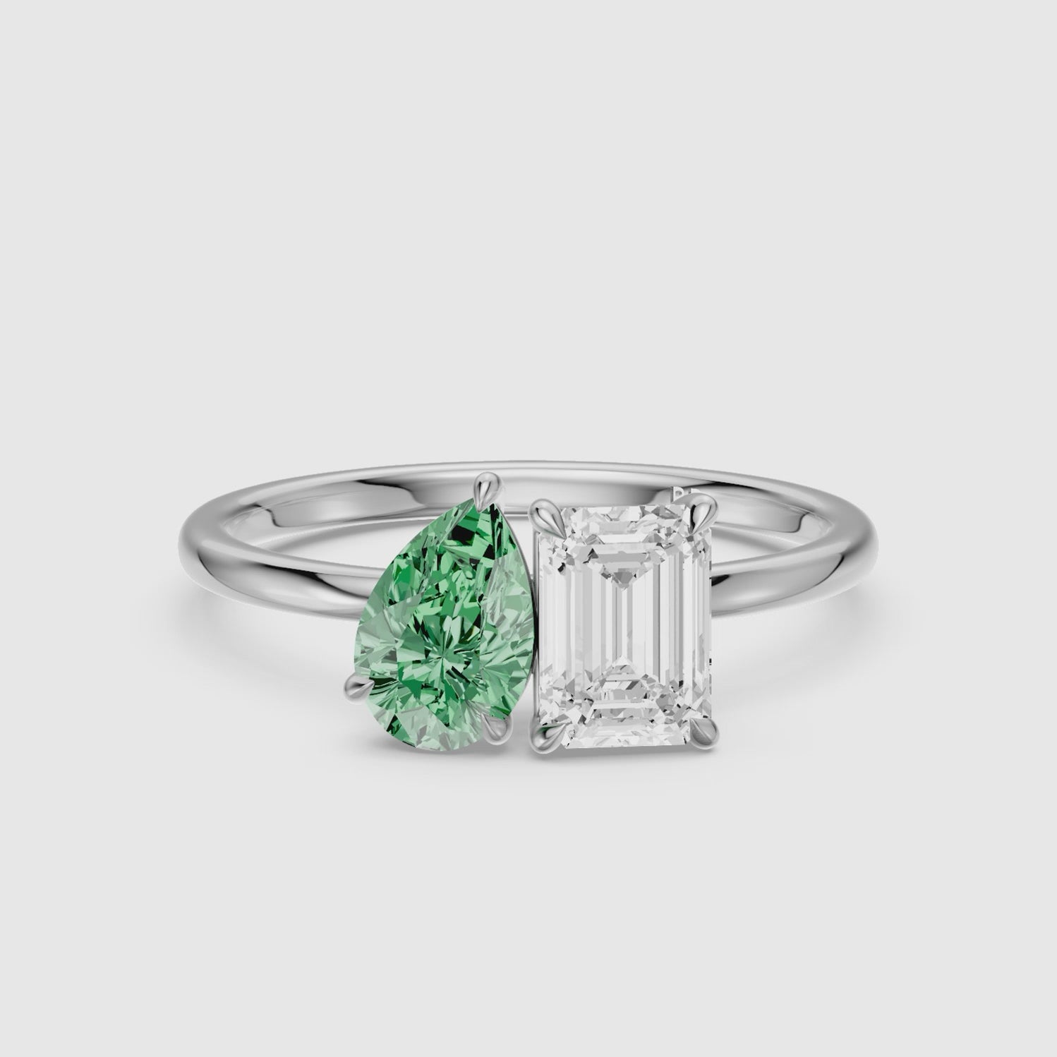 Load video: Nevena Green Pear and Emerald Cut Color Lab Grown Diamond Toi et Moi Ring