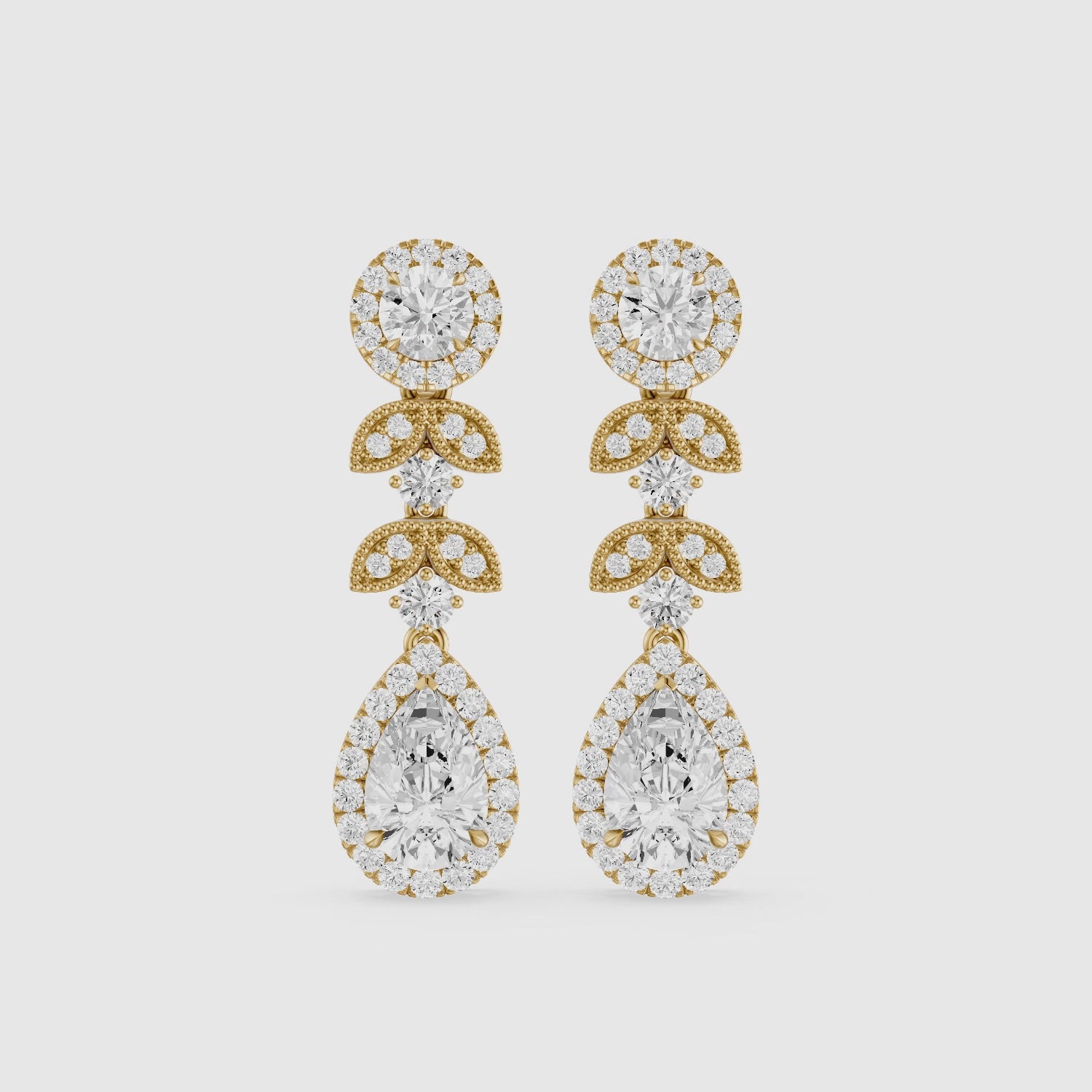 Load video: Galilea Pear and Round Vintage Filigree Lab Grown Diamond Drop Earrings
