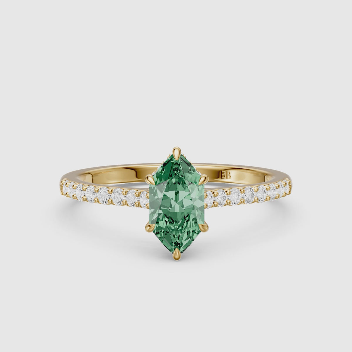 Load video: Andrea Dutch Marquise Green Lab Grown Diamond Hidden Halo French Pave Engagement Ring