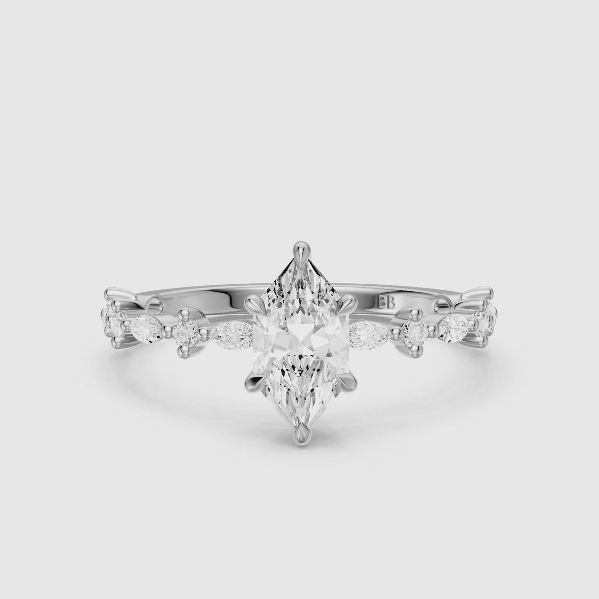 Load video: Francisca Dutch Marquise Moissanite Diamond Hidden Halo Ring with Marquise Round Band